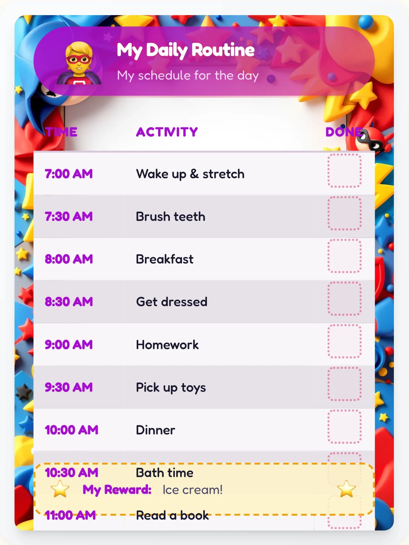 Urban Superhero Schedule Chart