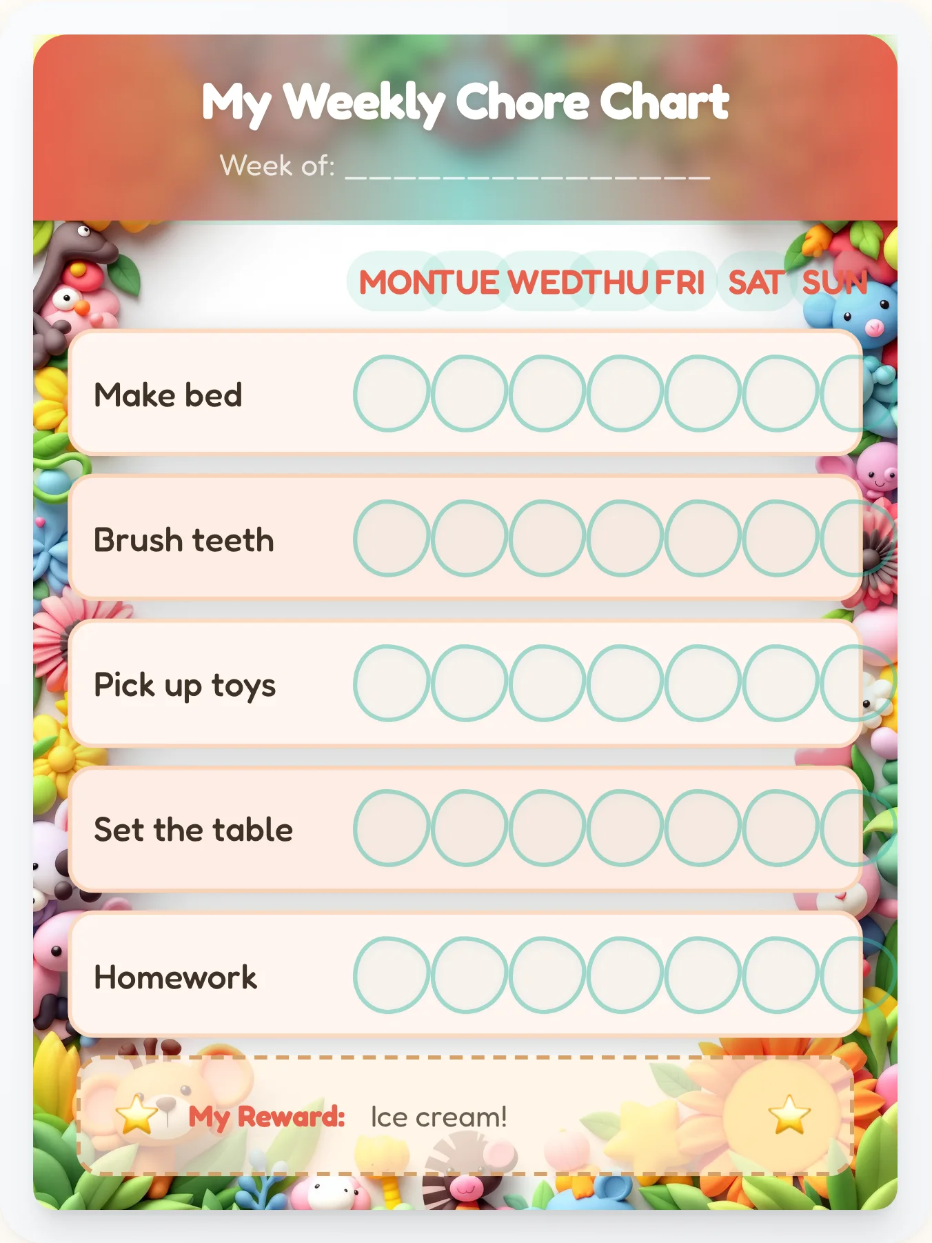 Squishy Critter Club Chore Chart - printable animals chore chart