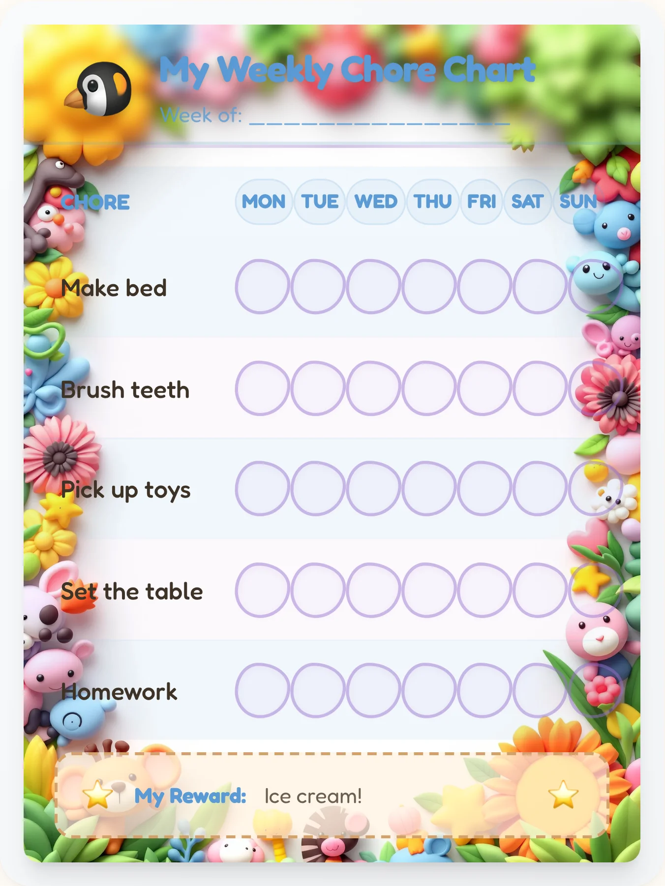 Arctic Clay Explorers Chore Chart - printable animals chore chart