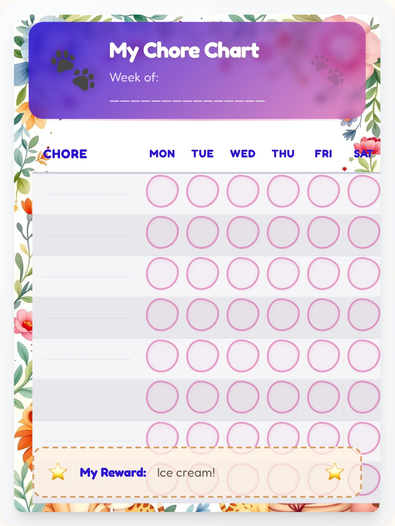 Organic Animals Open Template - printable animals chore chart