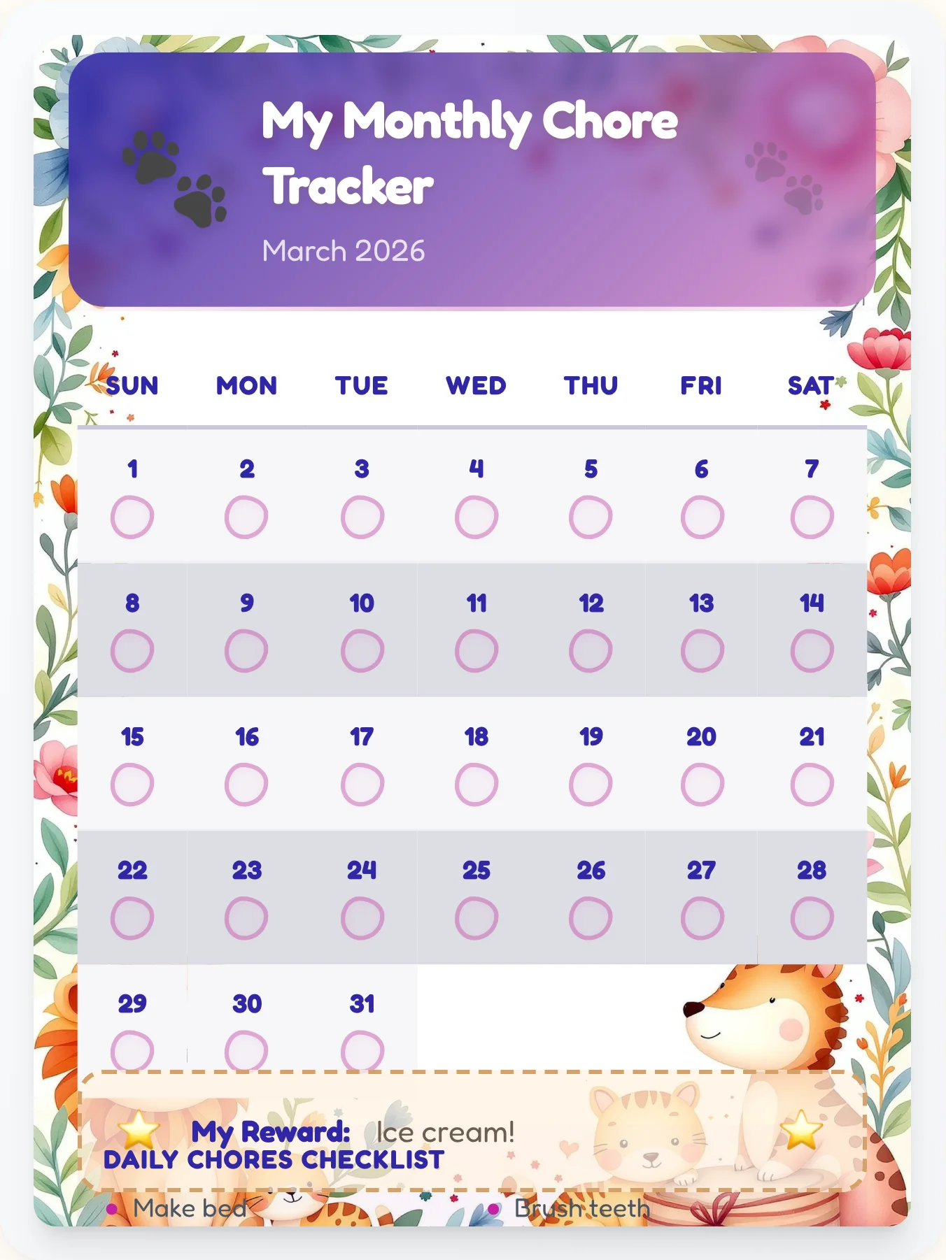 Organic Animals Month View - printable animals chore chart