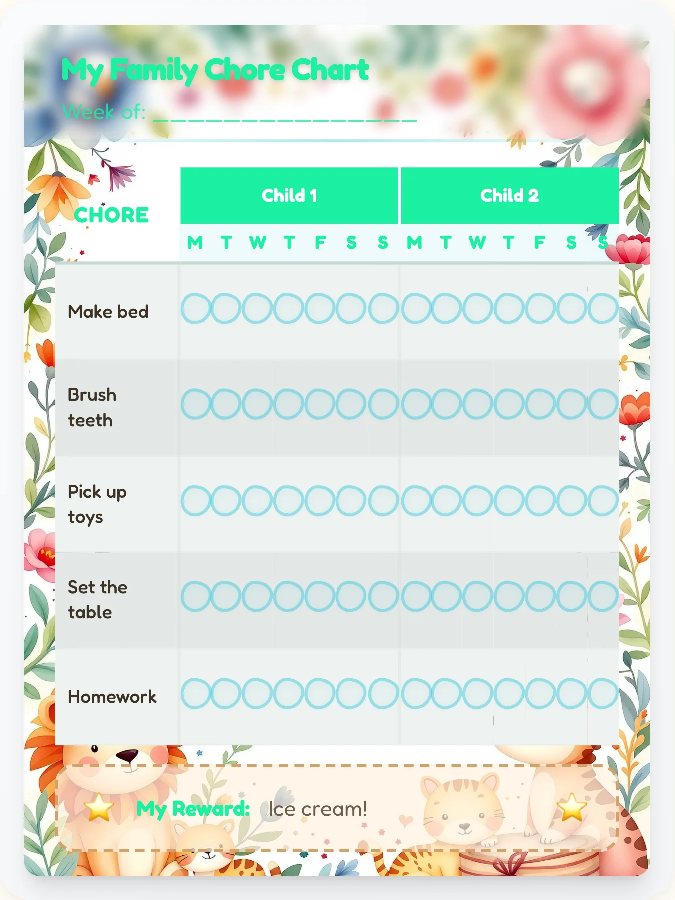Dainty Animals Team Chart - printable animals chore chart