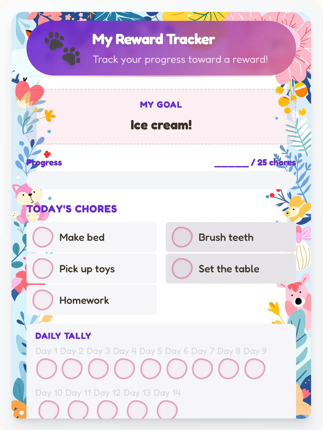 Royal Animals Goal Chart - printable animals chore chart