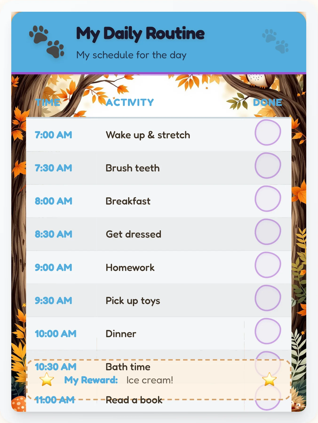 Joyful Animals Time Planner - printable animals chore chart