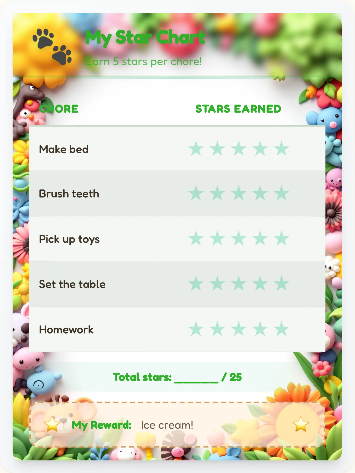 Tender Animals Star Board - printable animals chore chart