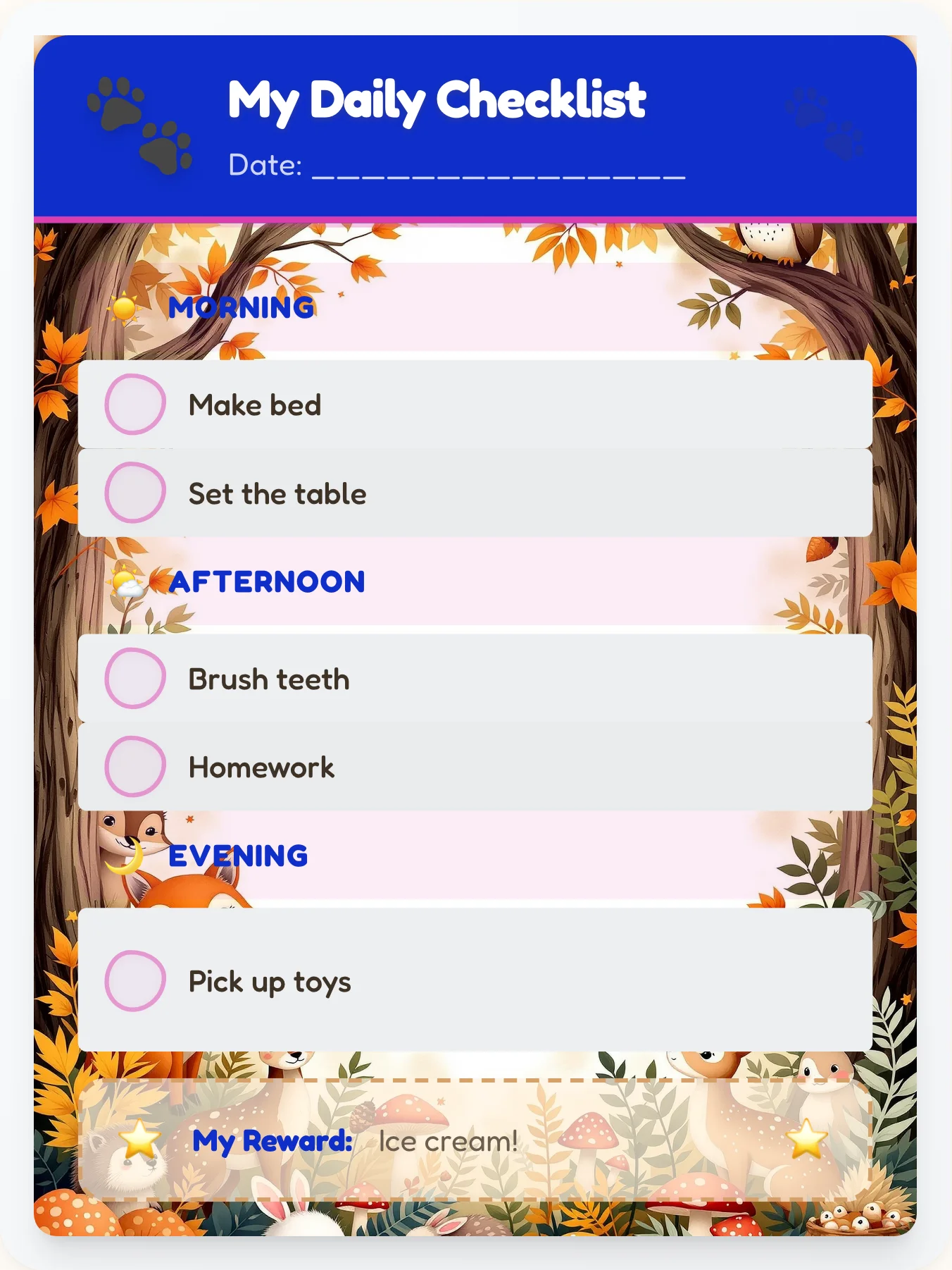 Mellow Animals Daily Planner - printable animals chore chart