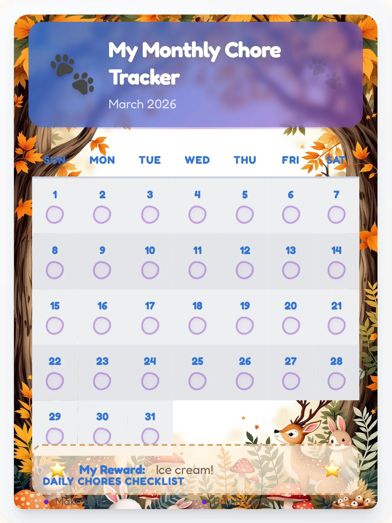Hazy Animals Monthly Grid - printable animals chore chart