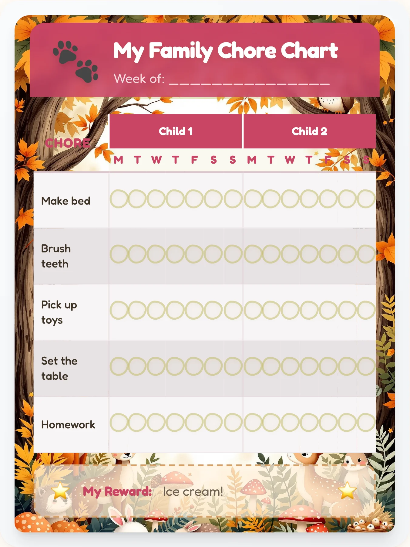 Frosty Animals Family Chart - printable animals chore chart