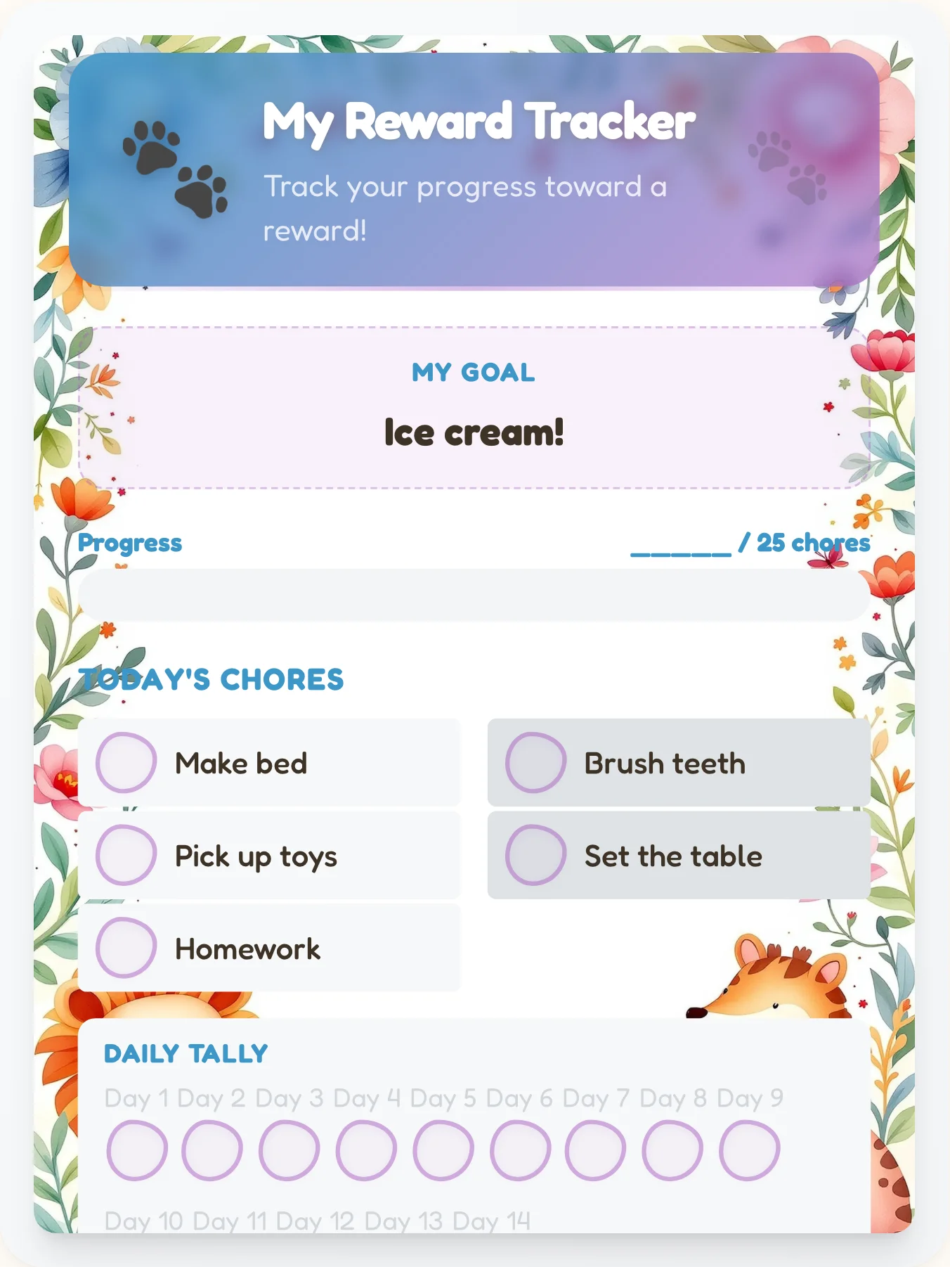 Joyful Animals Prize Chart - printable animals chore chart