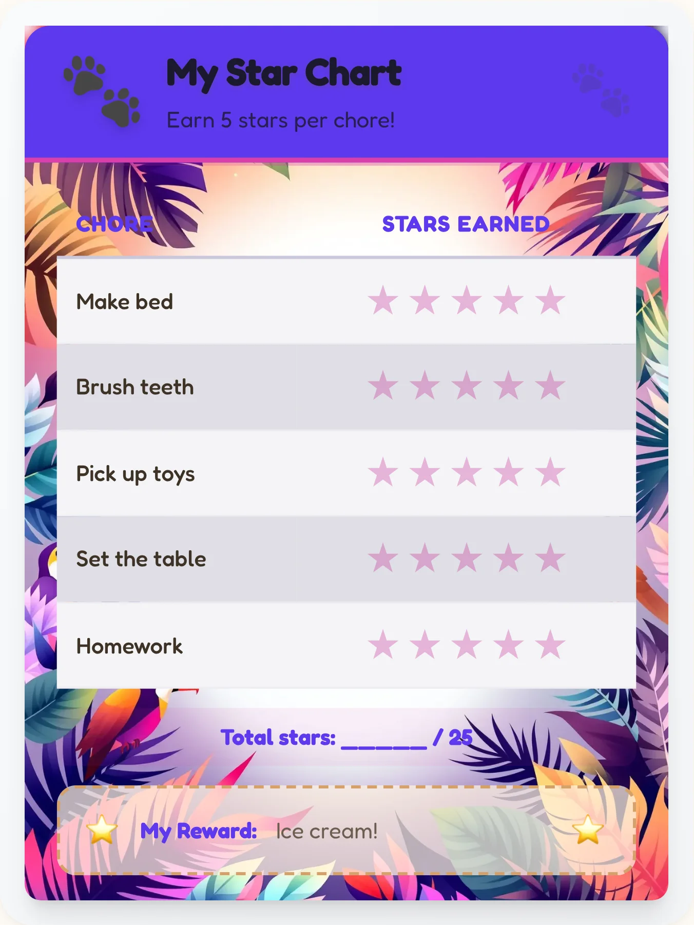 Peaceful Animals Star Tracker - printable animals chore chart