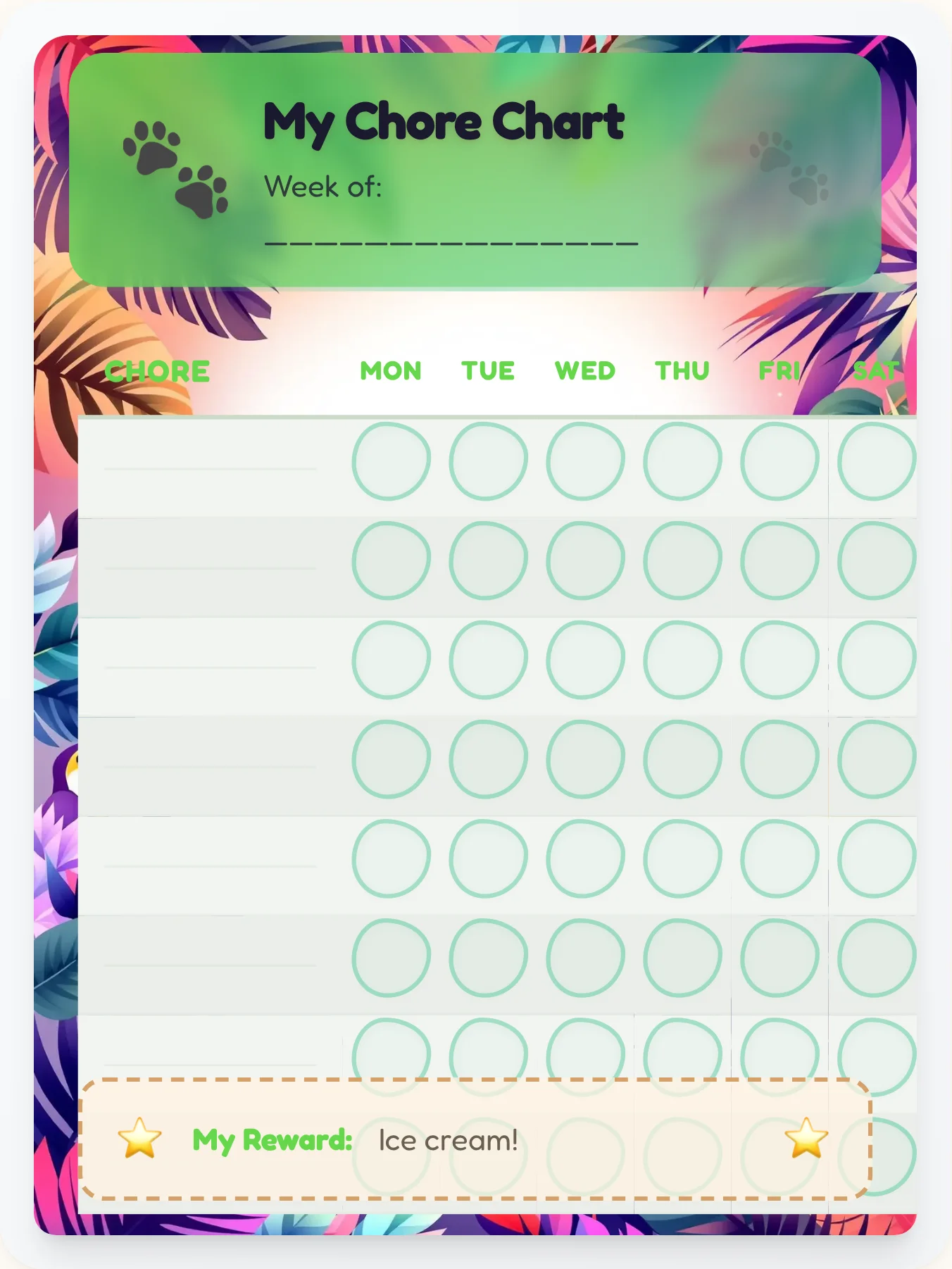 Sunny Animals Open Template - printable animals chore chart