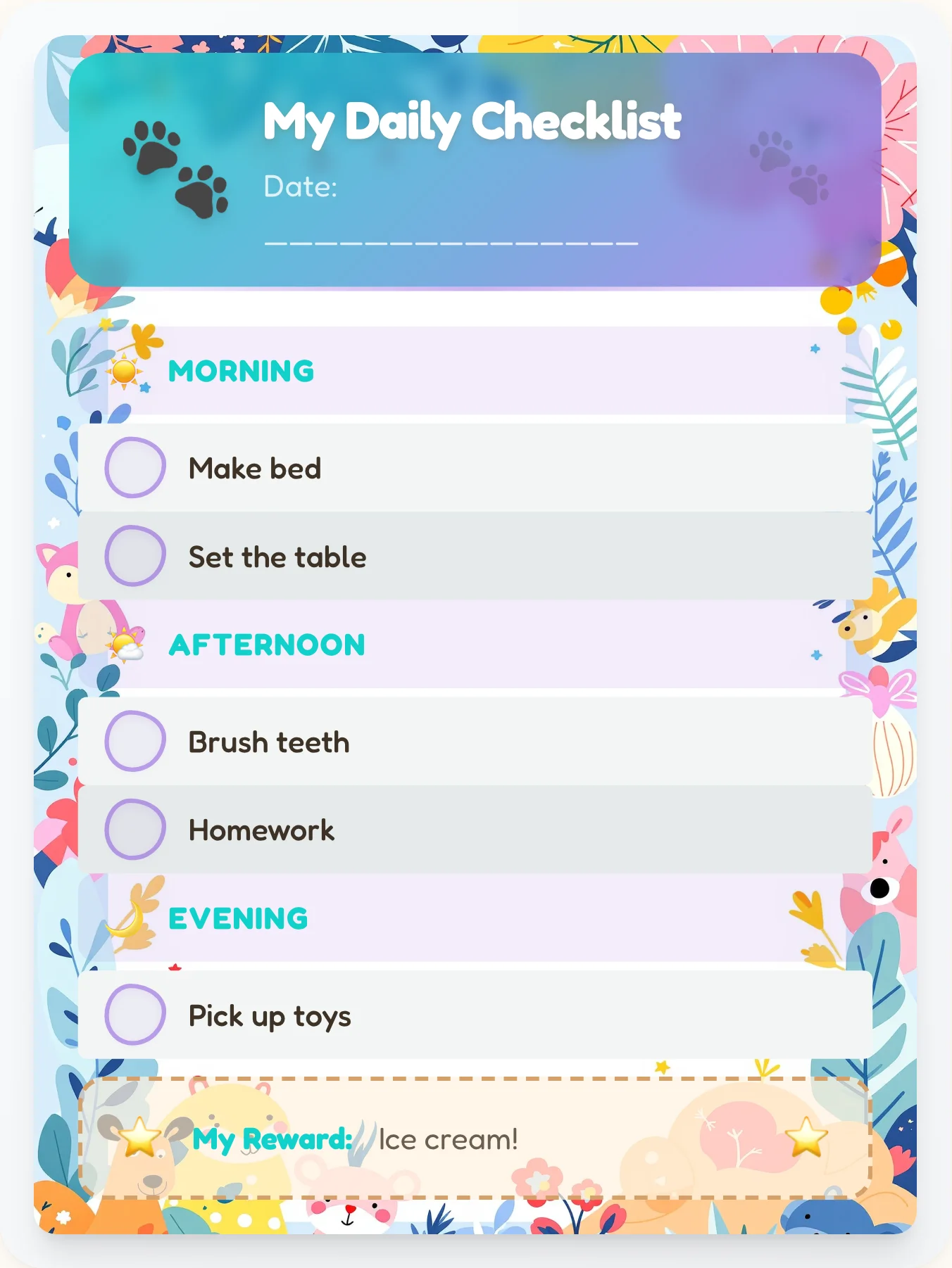 Gentle Animals Daily Planner - printable animals chore chart