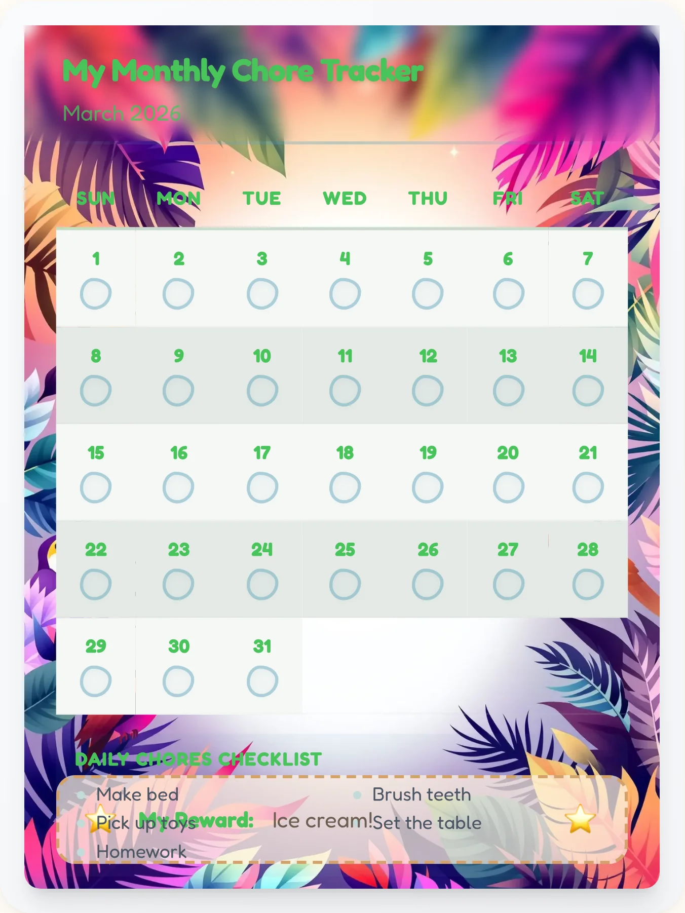 Warm Animals Monthly Planner - printable animals chore chart