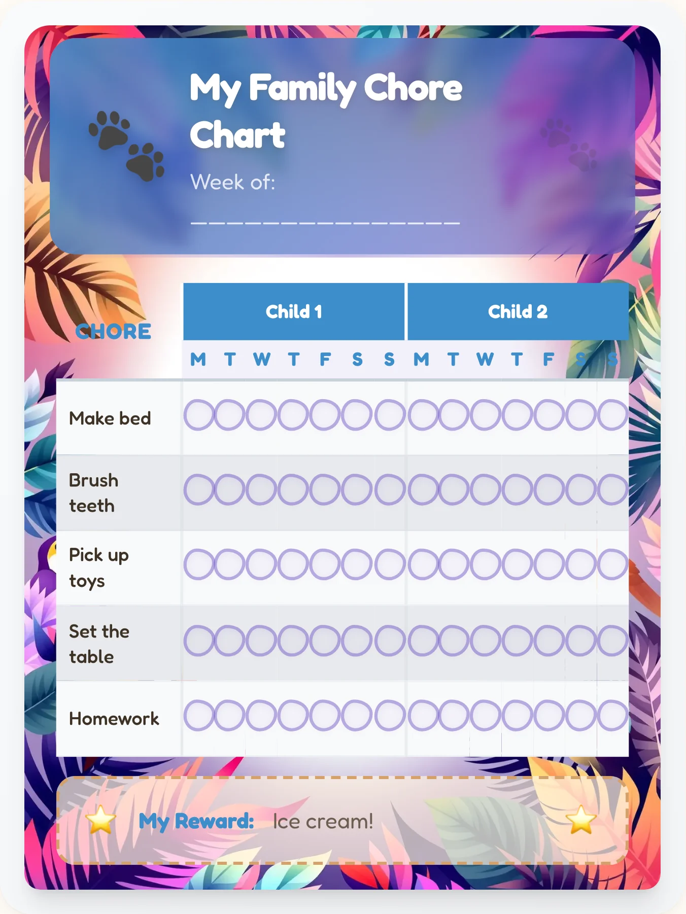 Joyful Animals Sibling Board - printable animals chore chart