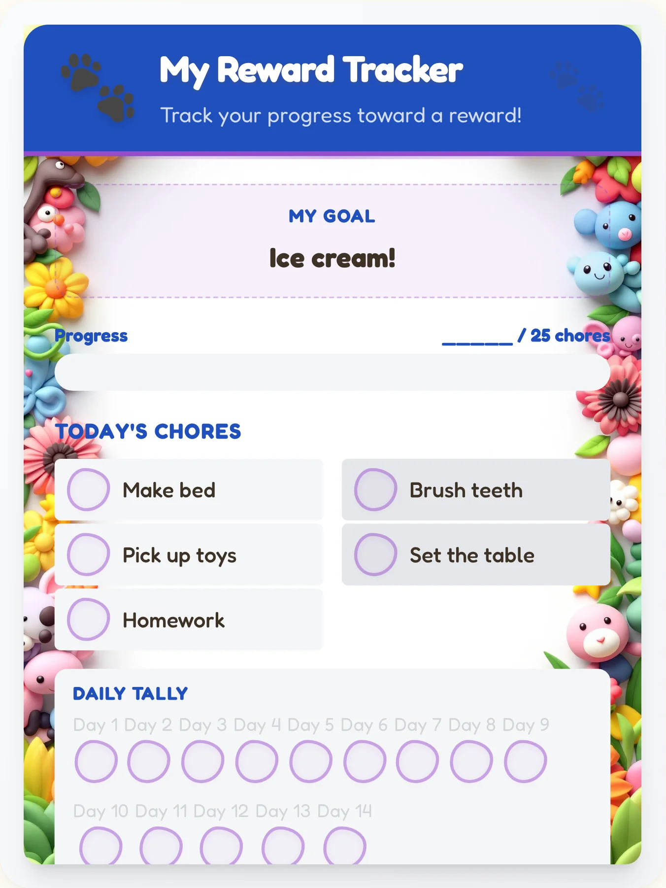Luminous Animals Achievement Board - printable animals chore chart