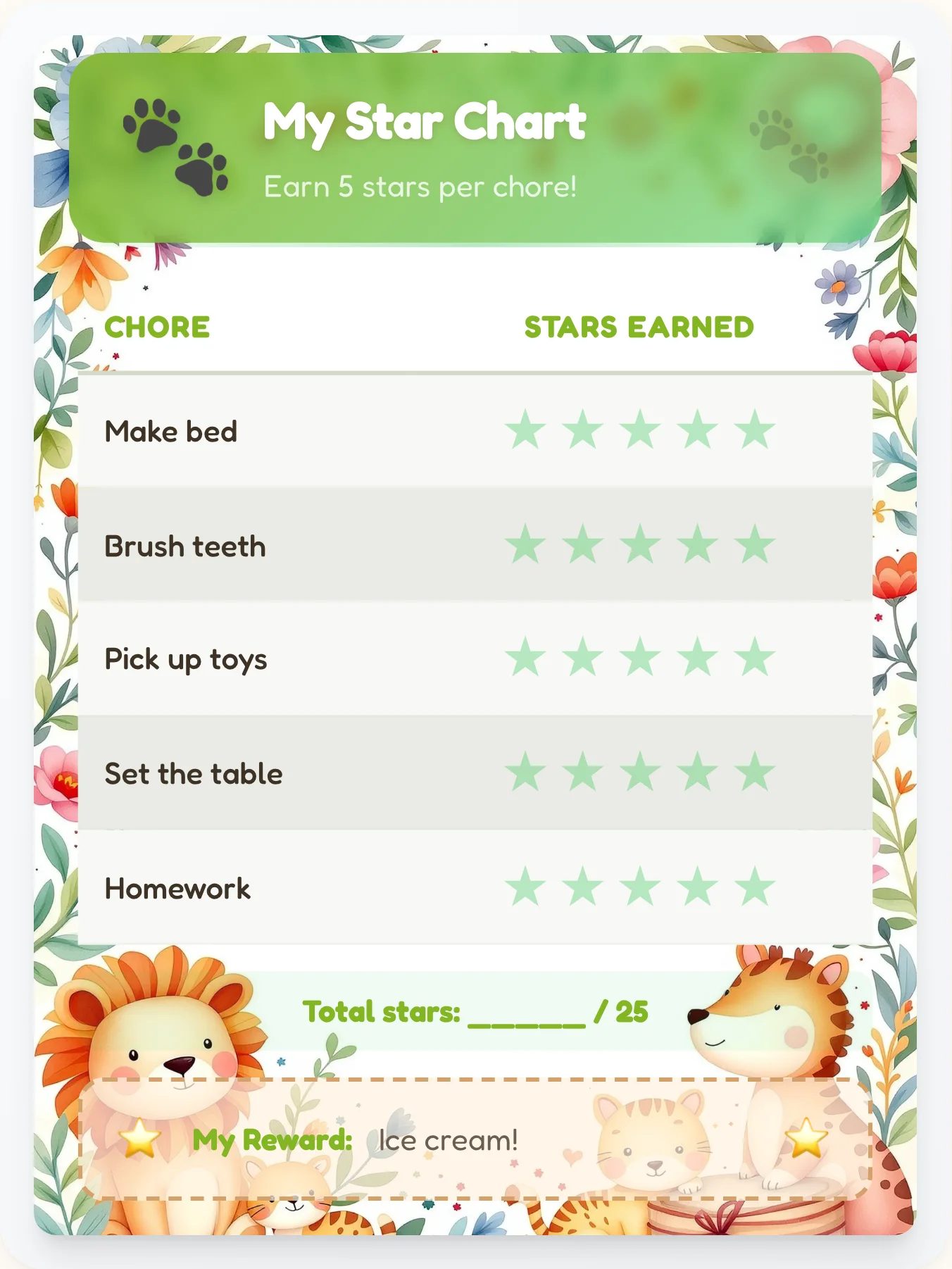 Playful Animals Gold Stars - printable animals chore chart