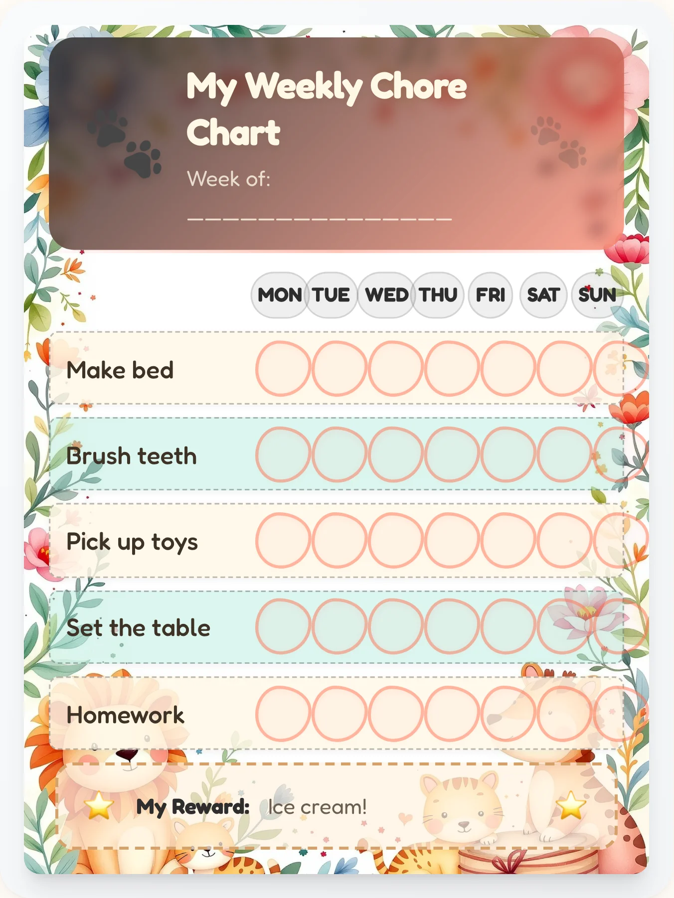 Free Printable Doodle Animals Chore Chart for Kids | Scribble Paws - printable animals chore chart