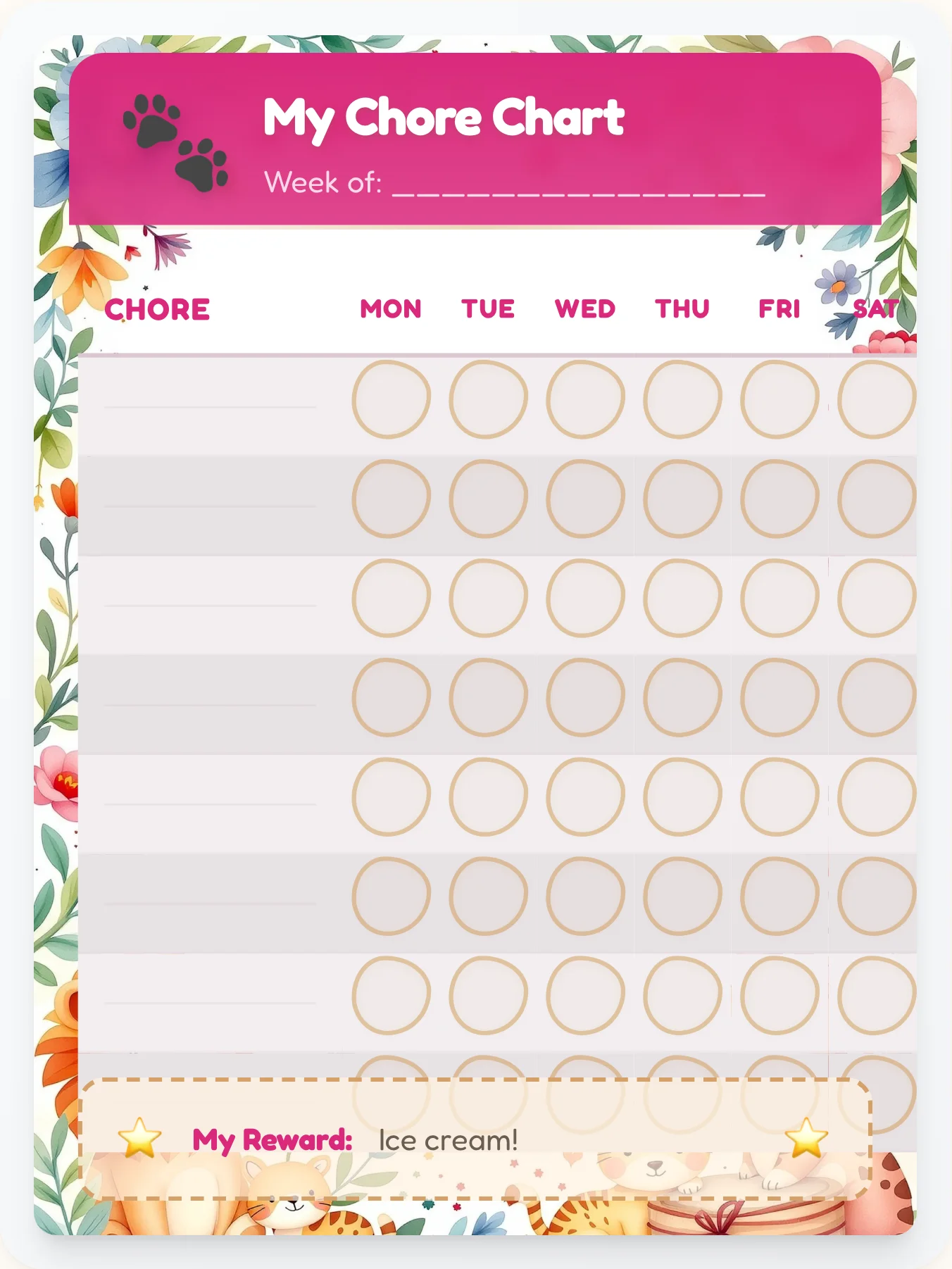 Delicate Animals DIY Chart - printable animals chore chart