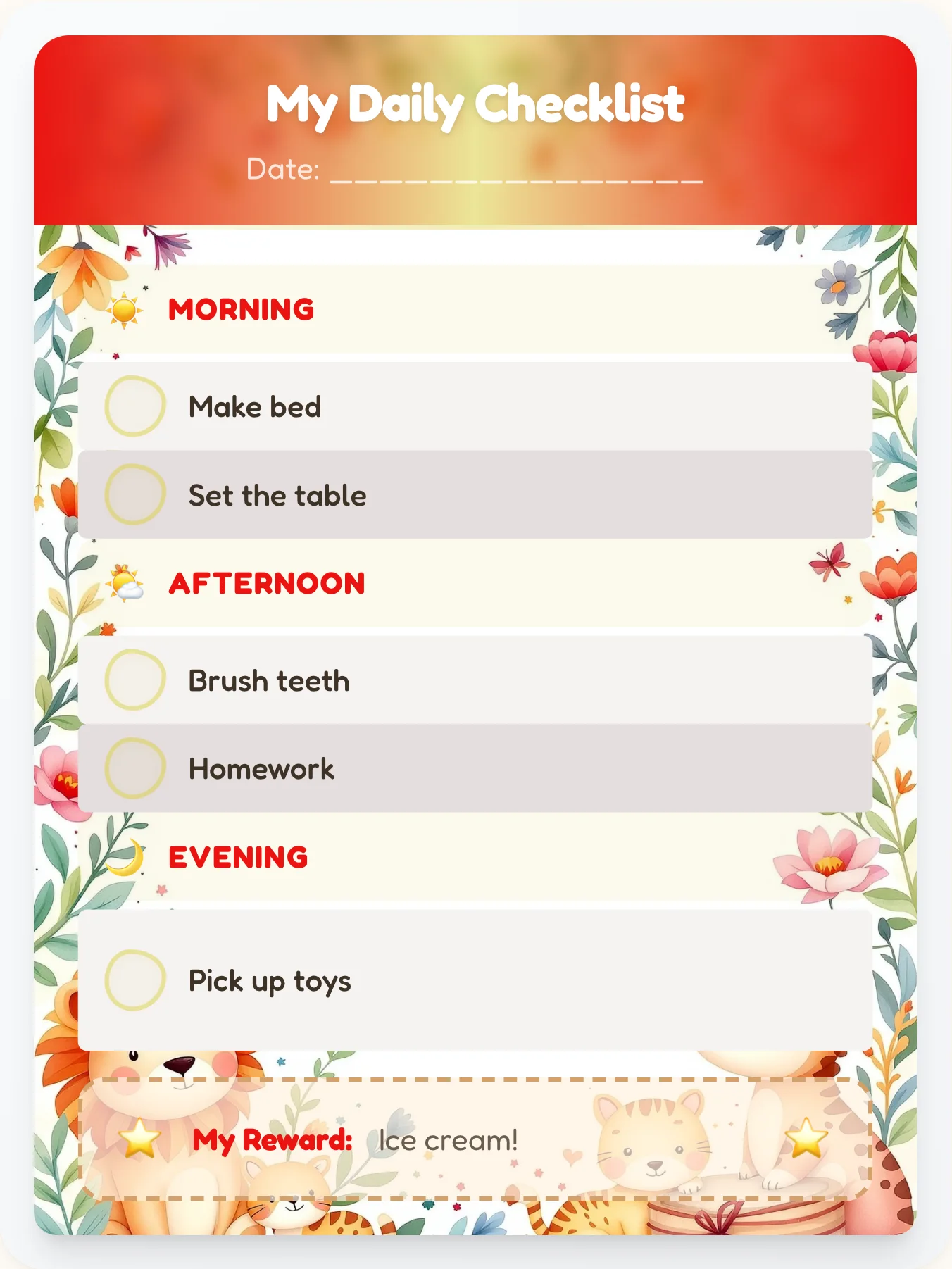 Bright Animals Day Tracker - printable animals chore chart