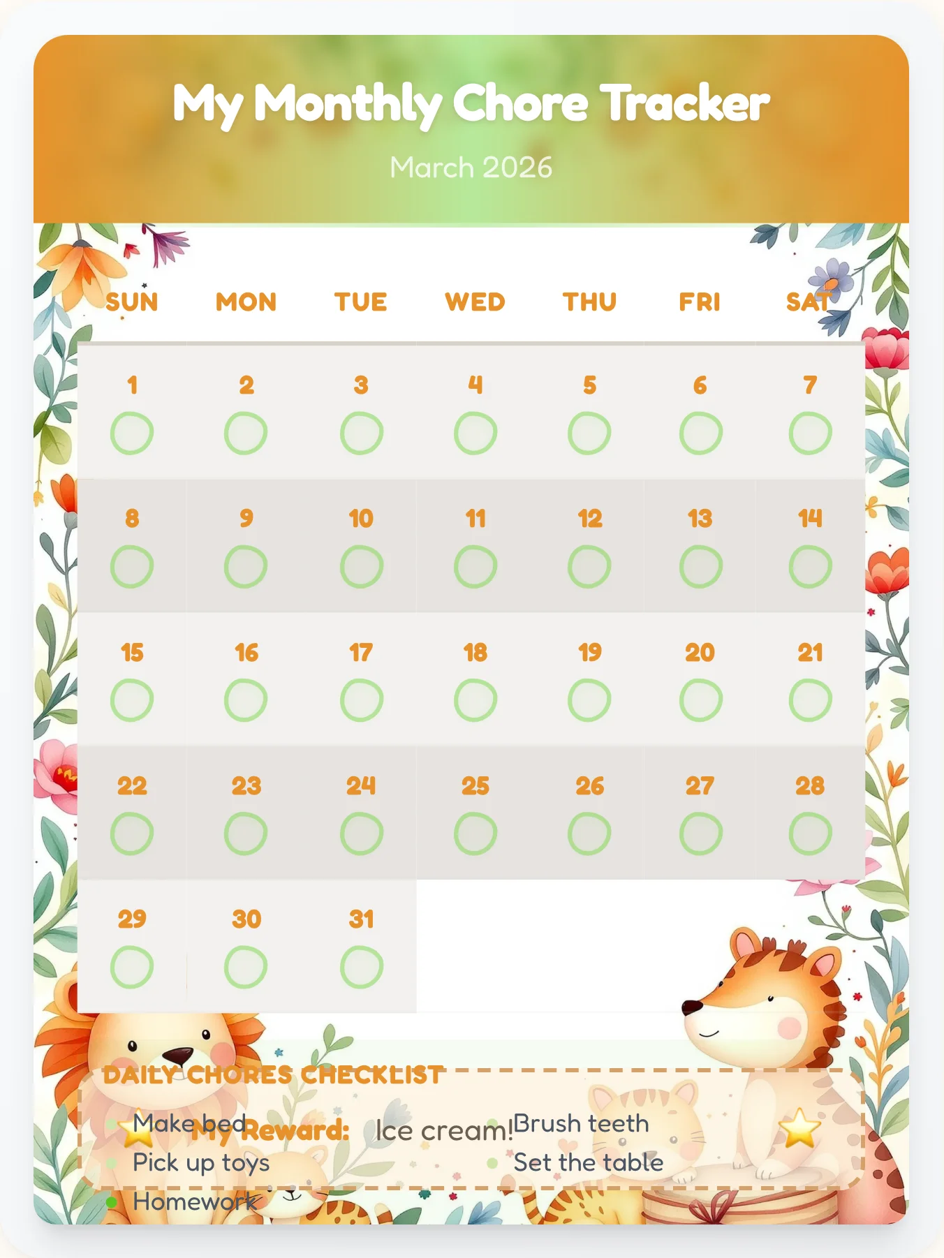 Golden Animals Month View - printable animals chore chart