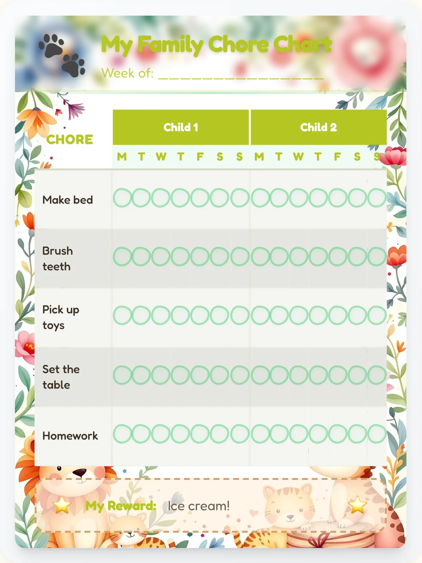 Misty Animals Team Chart - printable animals chore chart