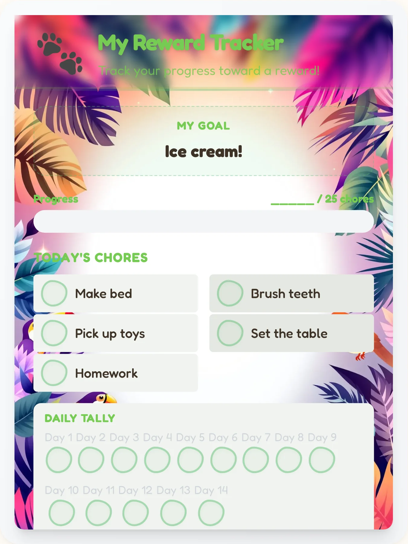 Radiant Animals Reward Board - printable animals chore chart