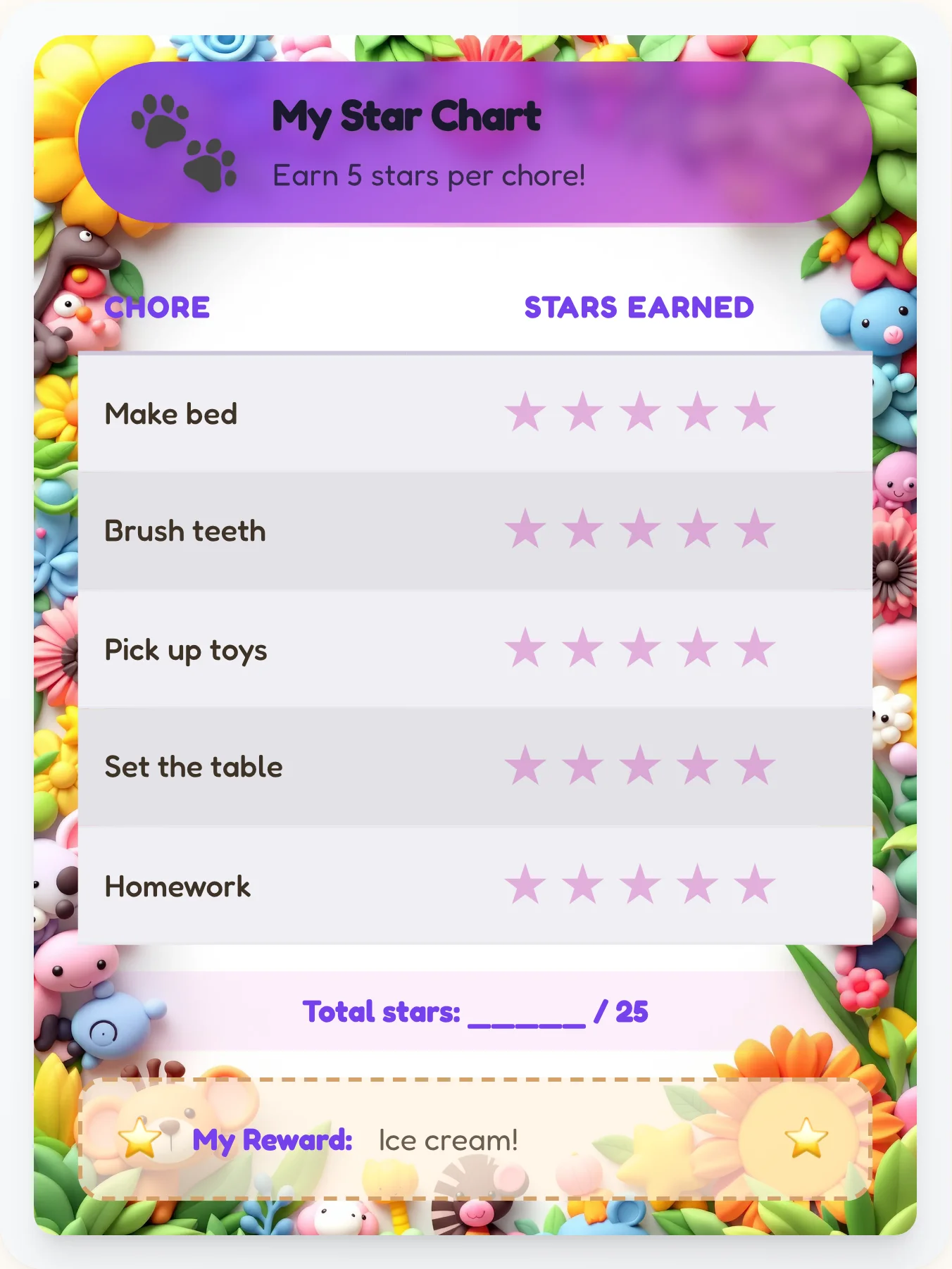 Royal Animals Gold Stars - printable animals chore chart