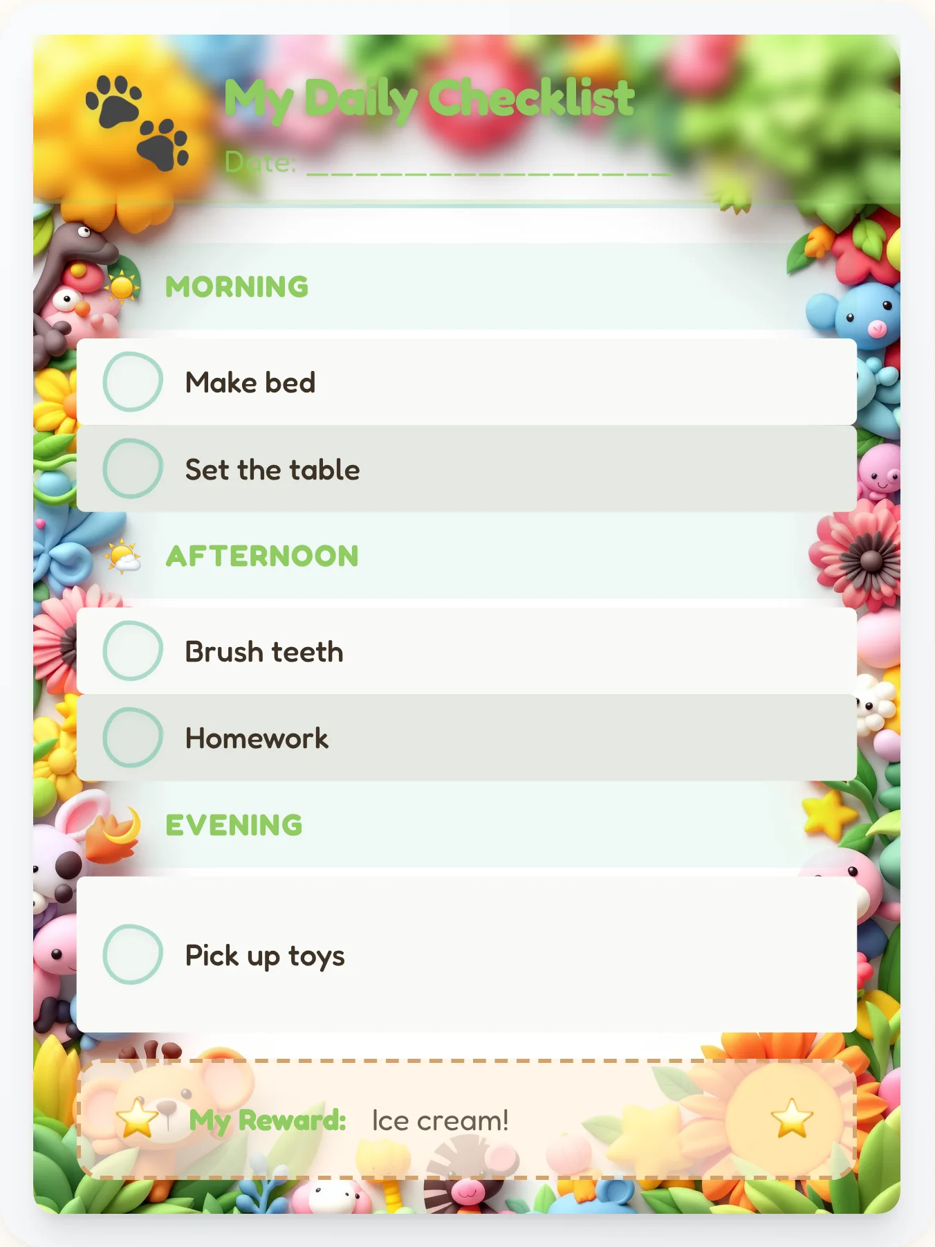 Quiet Animals Checklist - printable animals chore chart