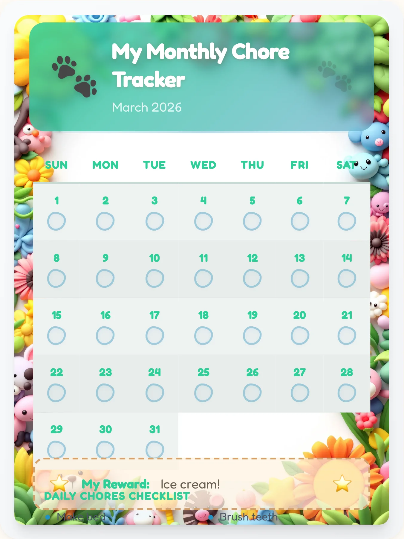 Enchanted Animals Month View - printable animals chore chart