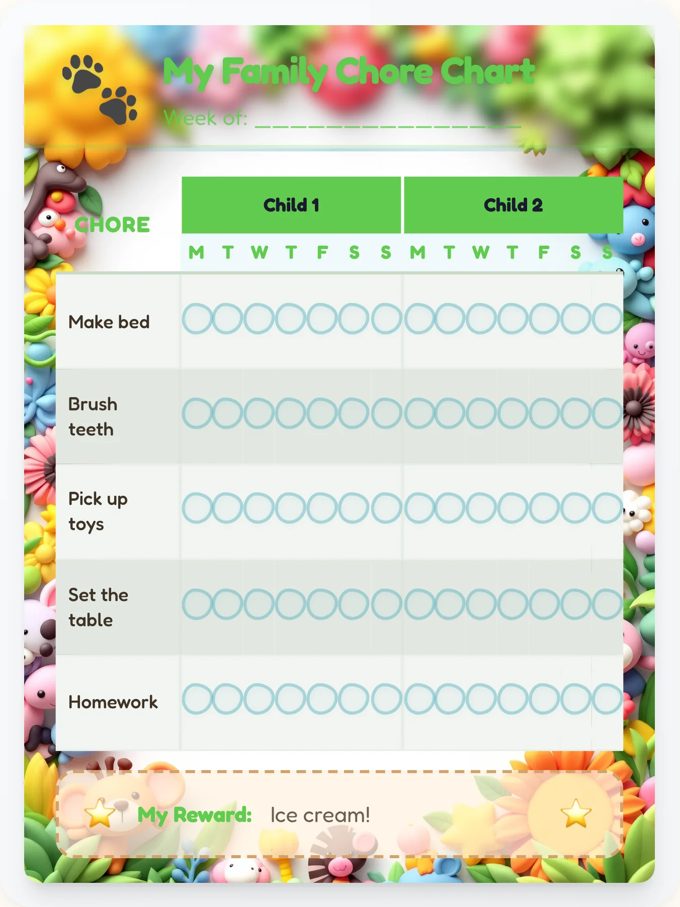 Tender Animals Sibling Board - printable animals chore chart