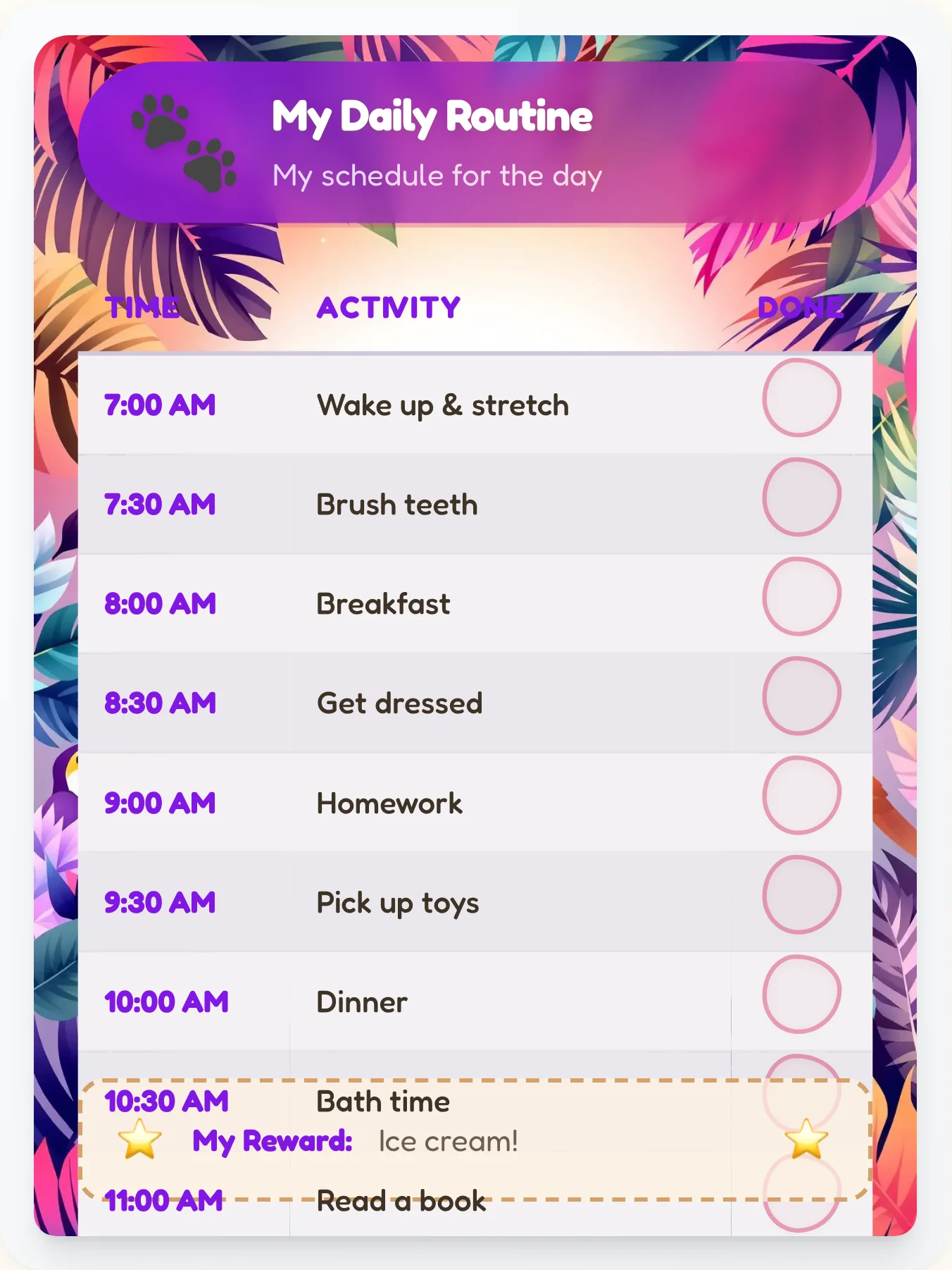 Serene Animals Time Planner - printable animals chore chart