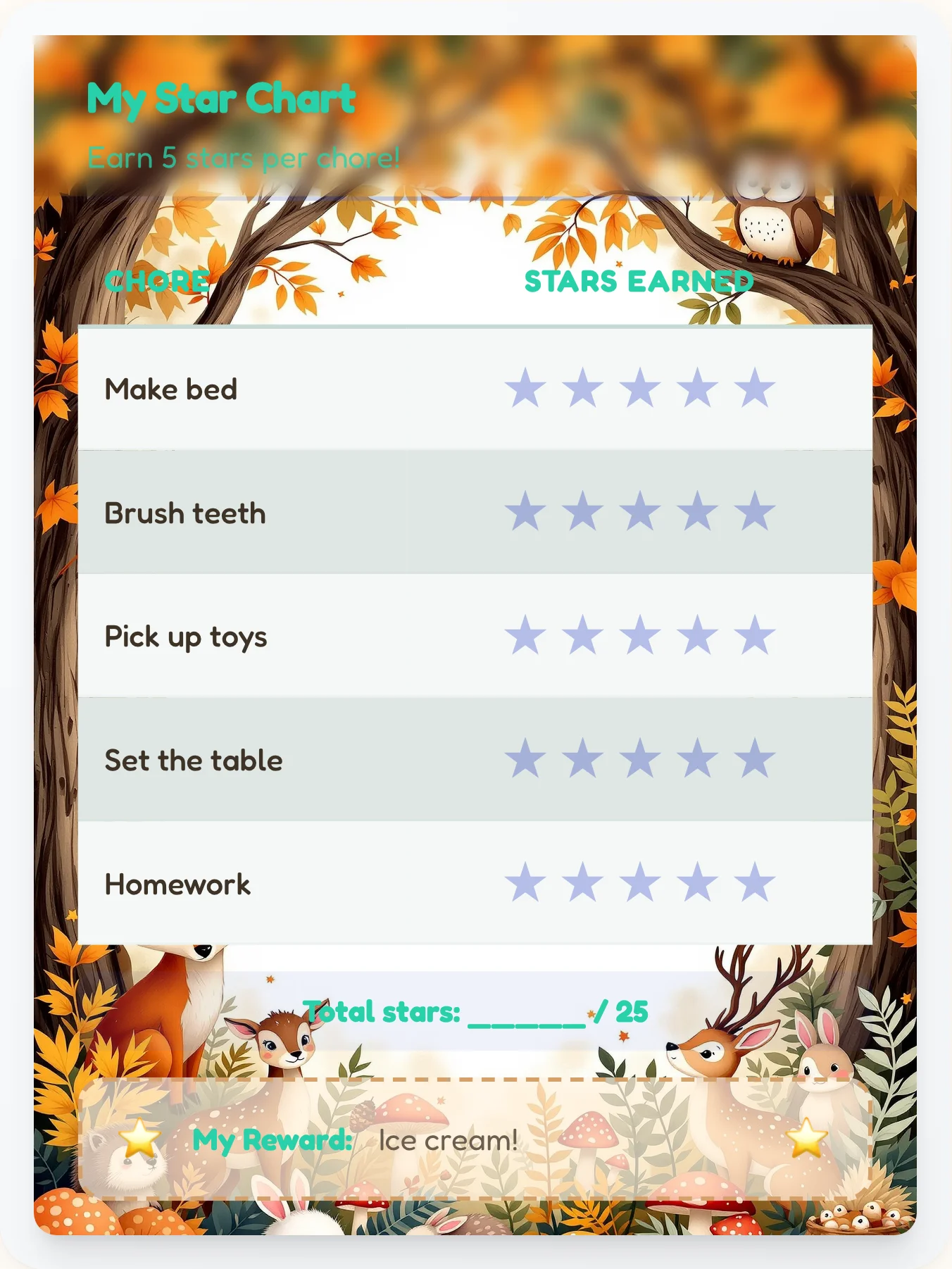 Enchanted Animals Gold Stars - printable animals chore chart