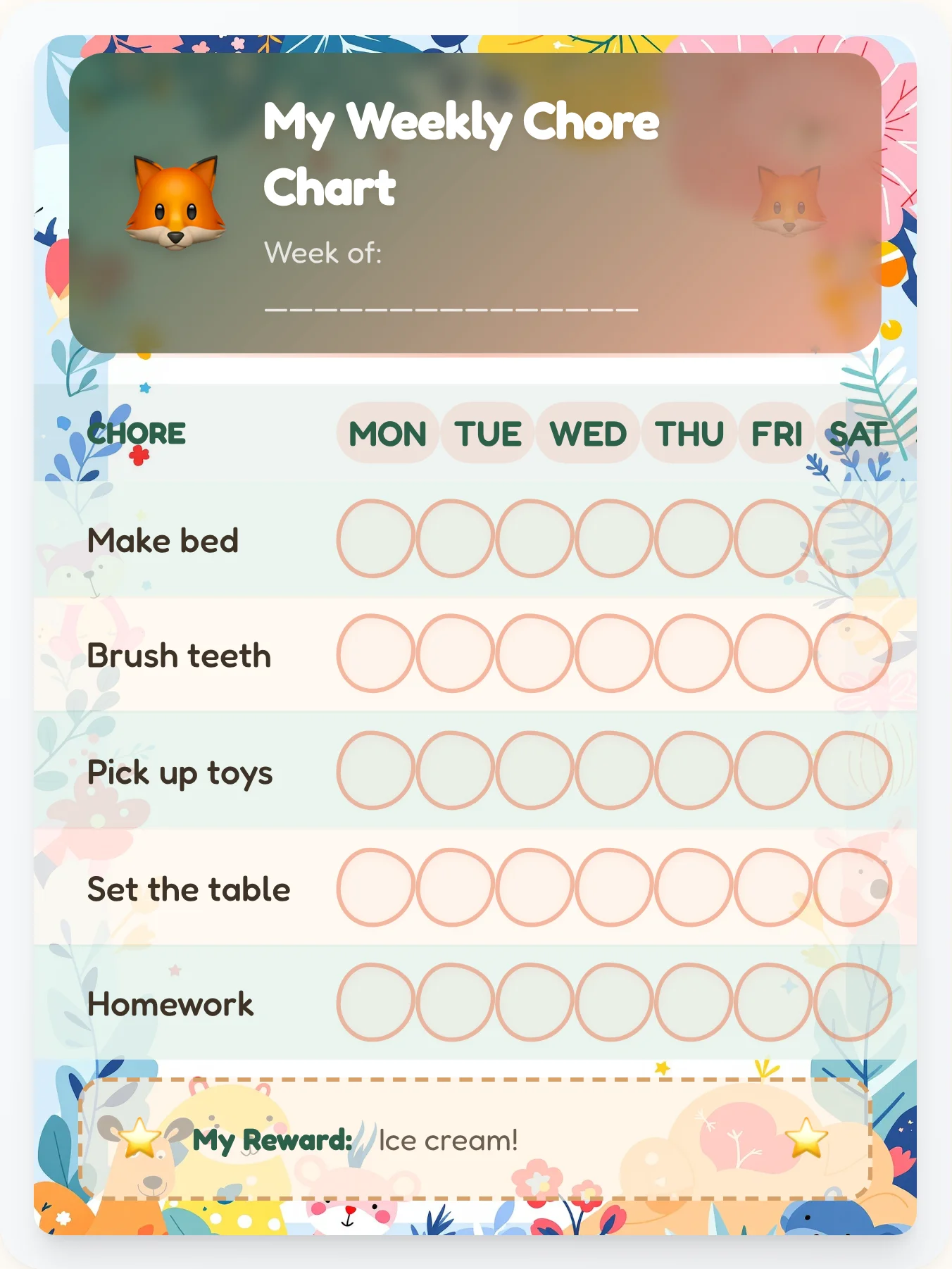 Nordic Woodland Pals Chore Chart - printable animals chore chart
