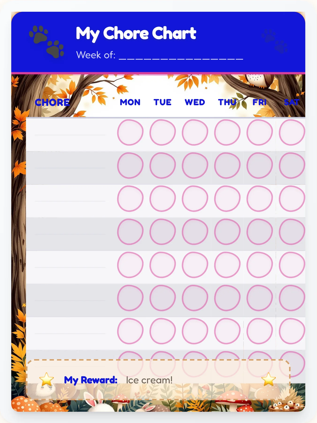 Natural Animals Free Form - printable animals chore chart