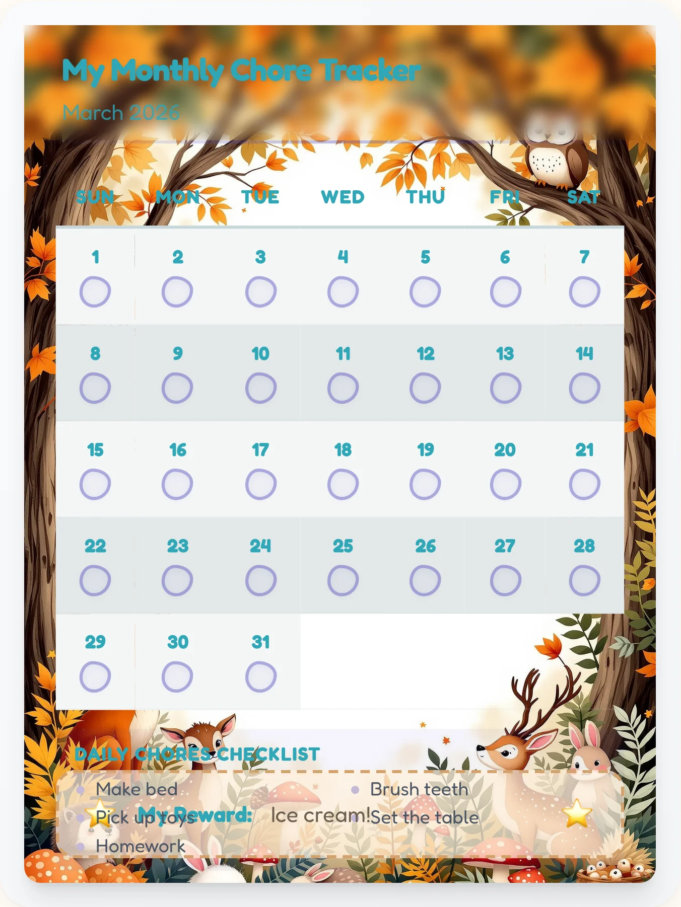 Harmony Animals Calendar Chart - printable animals chore chart