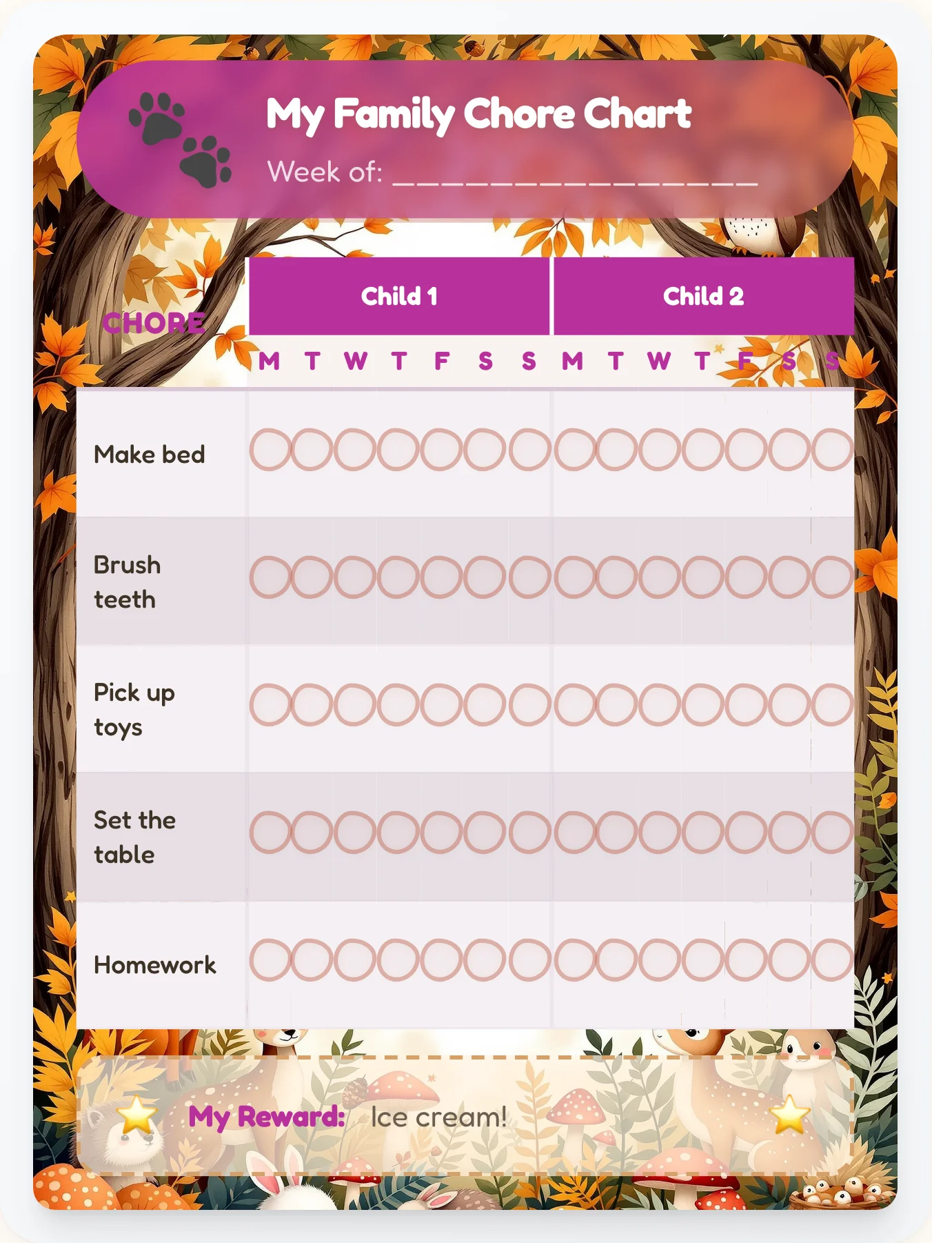Bold Animals Sibling Board - printable animals chore chart