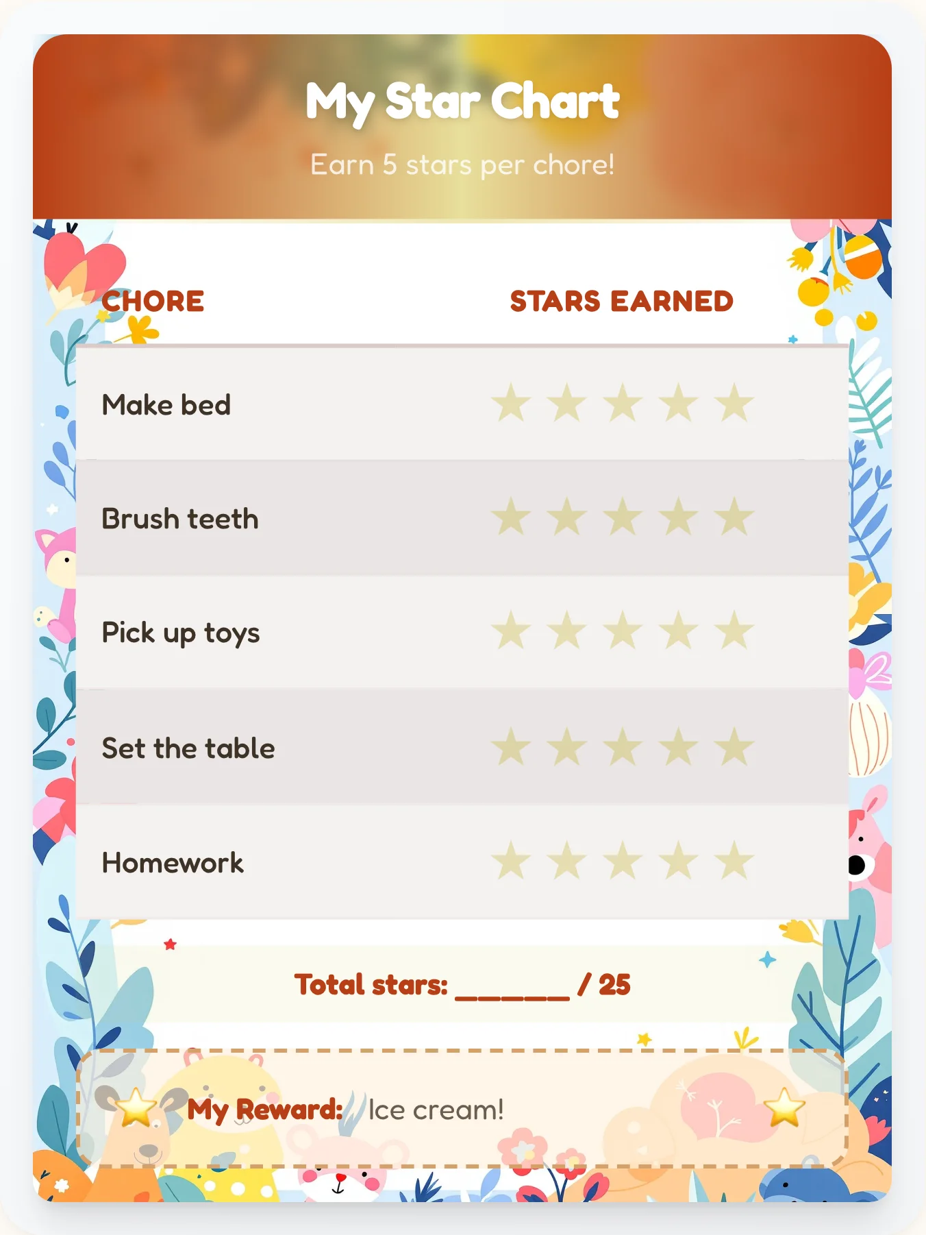 Cozy Animals Star Chart - printable animals chore chart