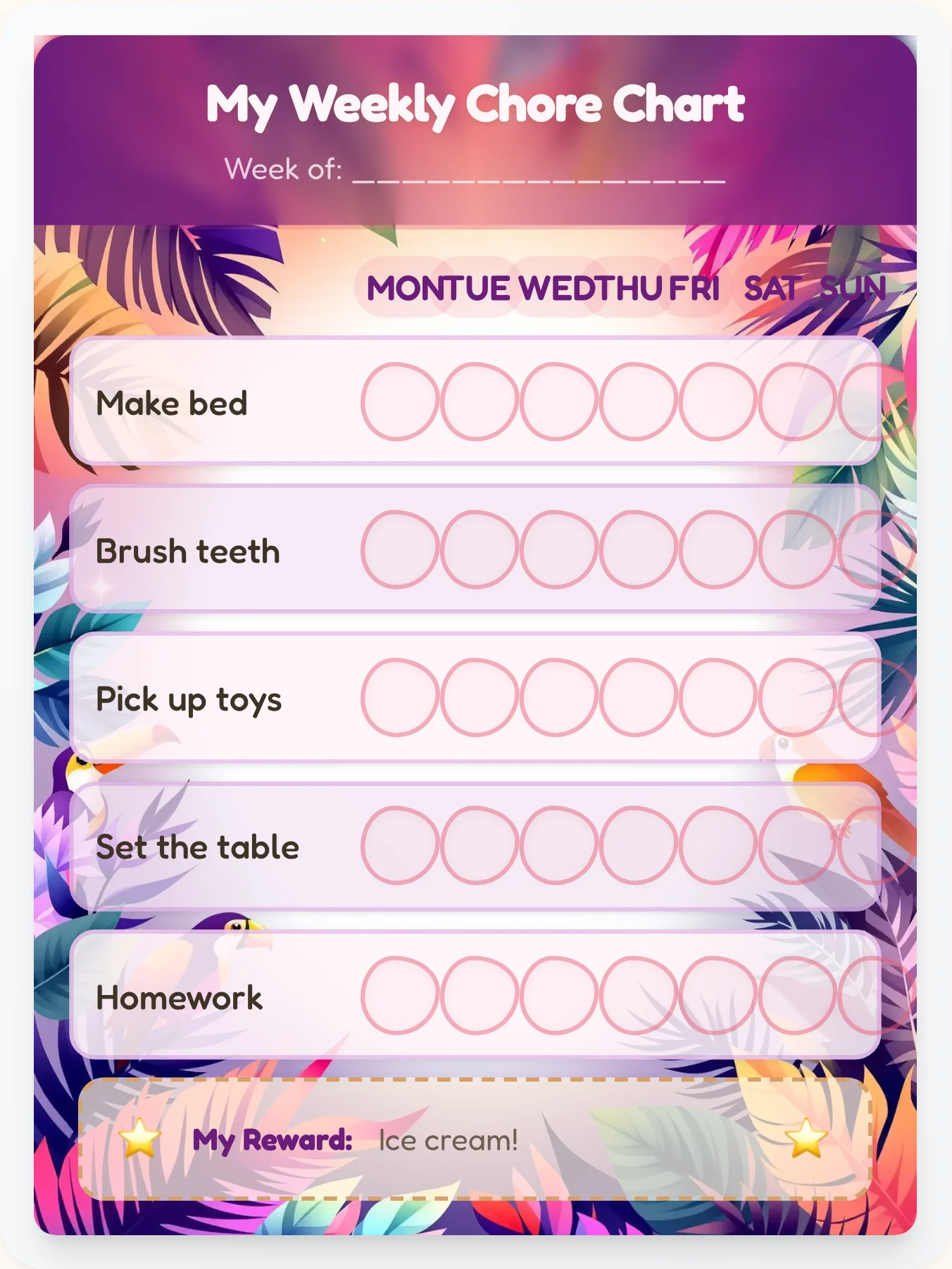 Tropical Sunset Animals Gradient Chore Chart - printable animals chore chart