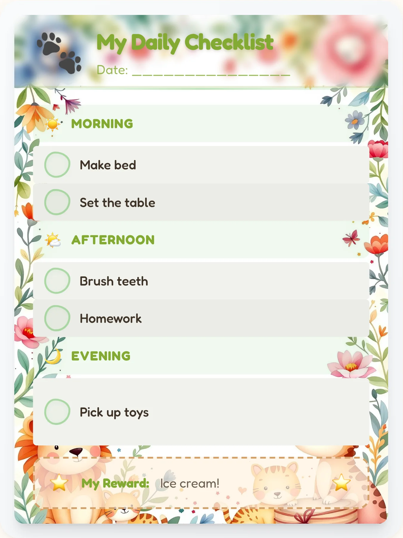 Playful Animals Daily Planner - printable animals chore chart