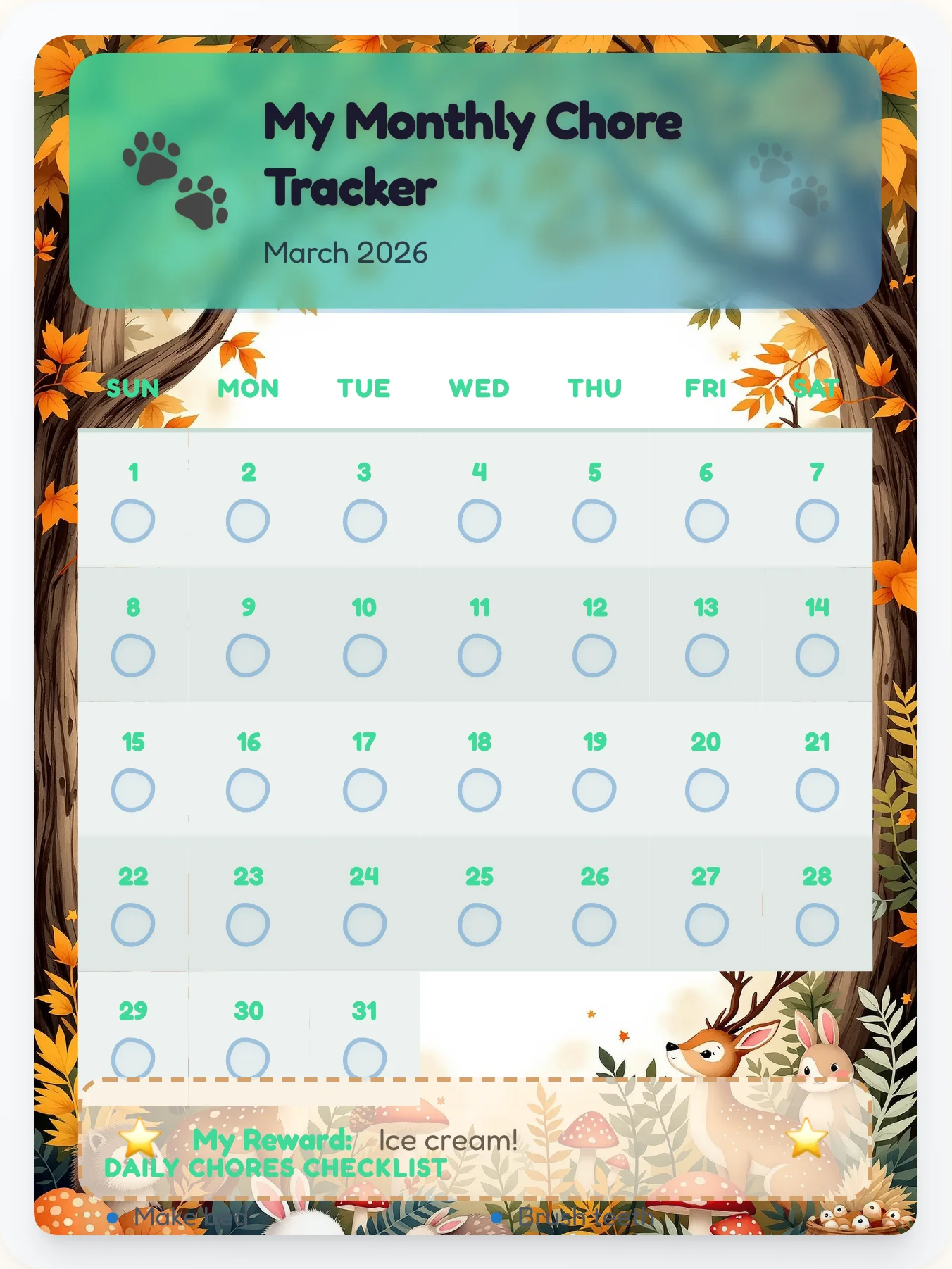 Dainty Animals Monthly Grid - printable animals chore chart