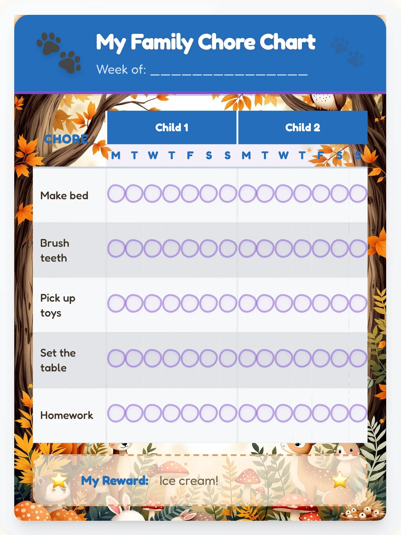Kind Animals Team Chart - printable animals chore chart