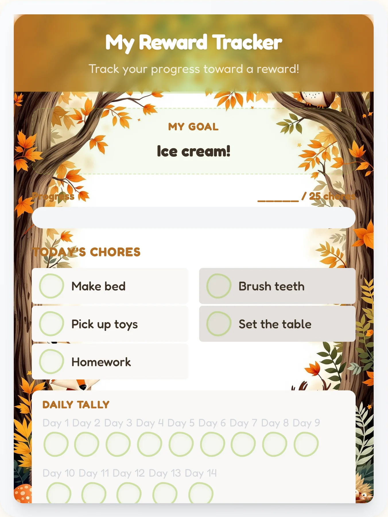 Fresh Animals Goal Chart - printable animals chore chart