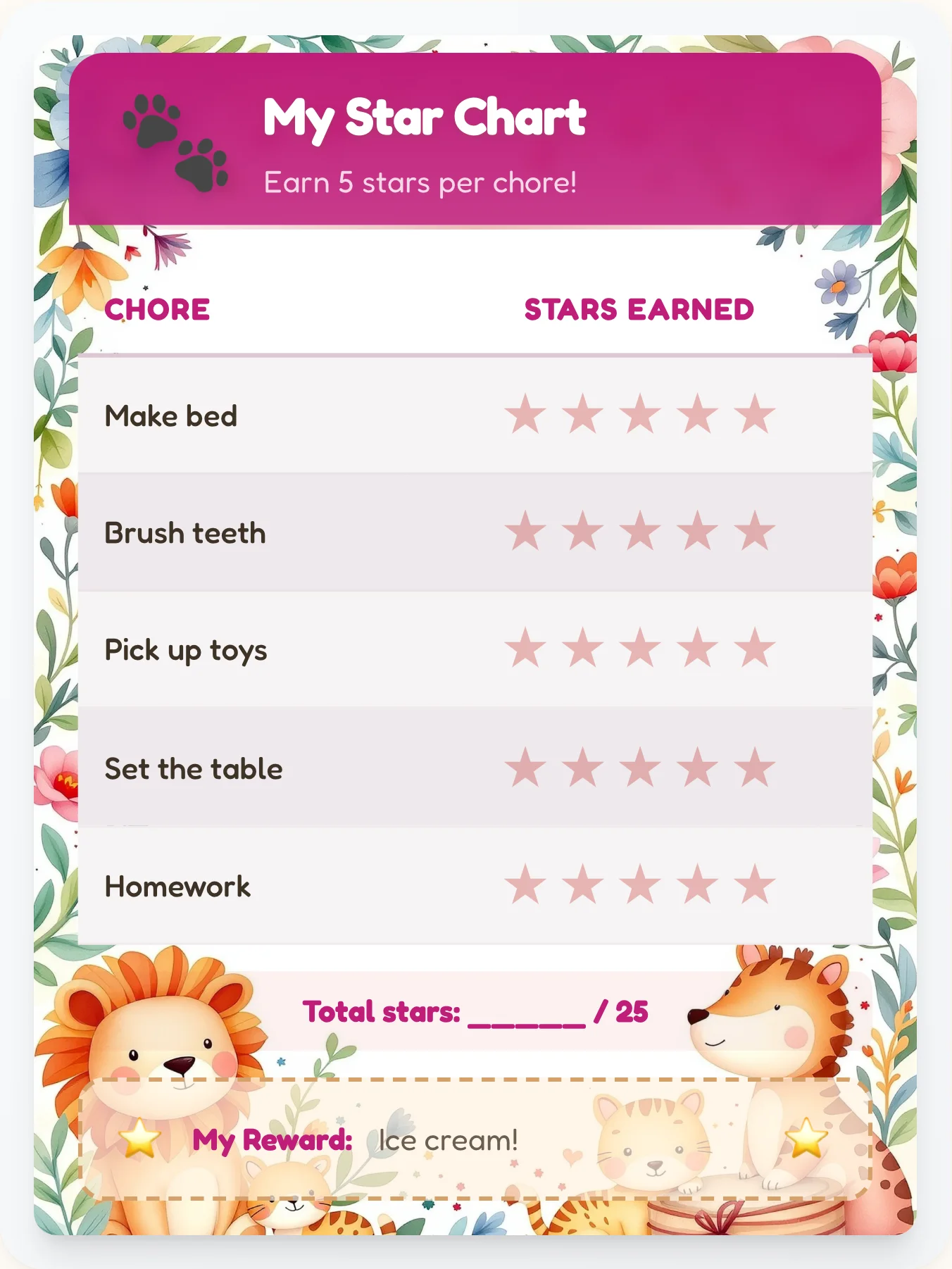 Calm Animals Star Rewards - printable animals chore chart
