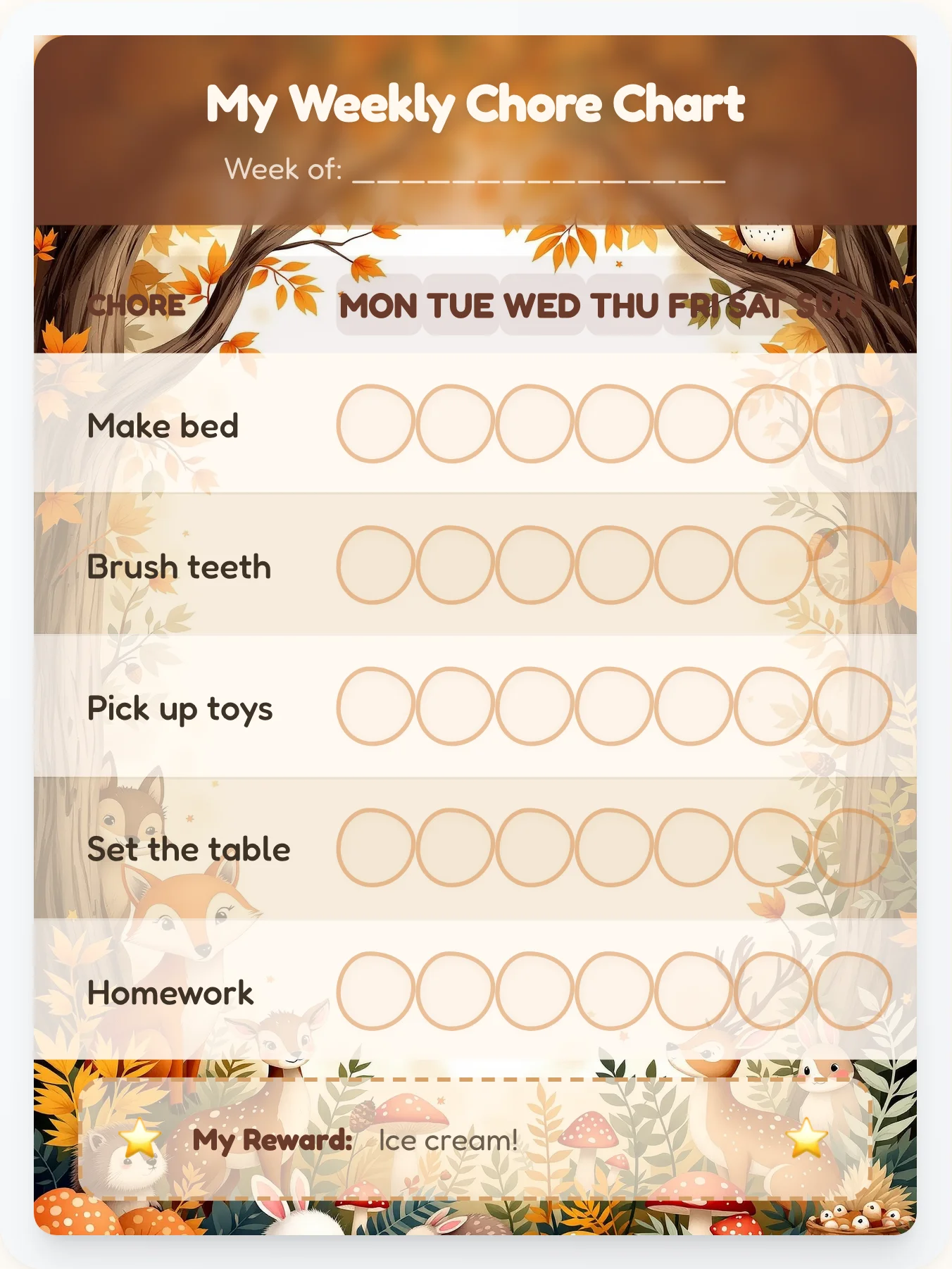 Autumn Woodland Animals Chore Chart — Free Illustrated Printable Template - printable animals chore chart