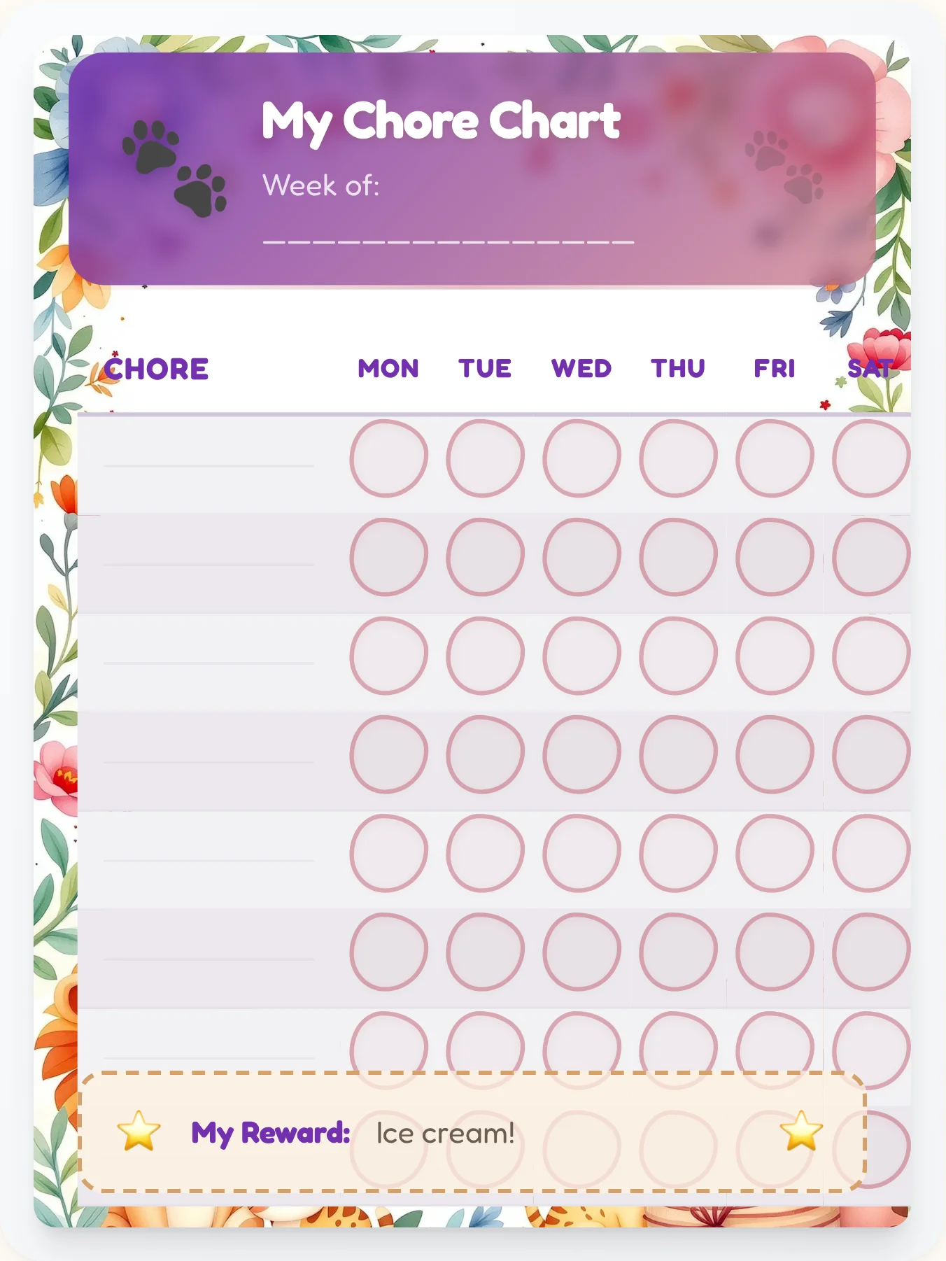 Serene Animals Custom Chart - printable animals chore chart