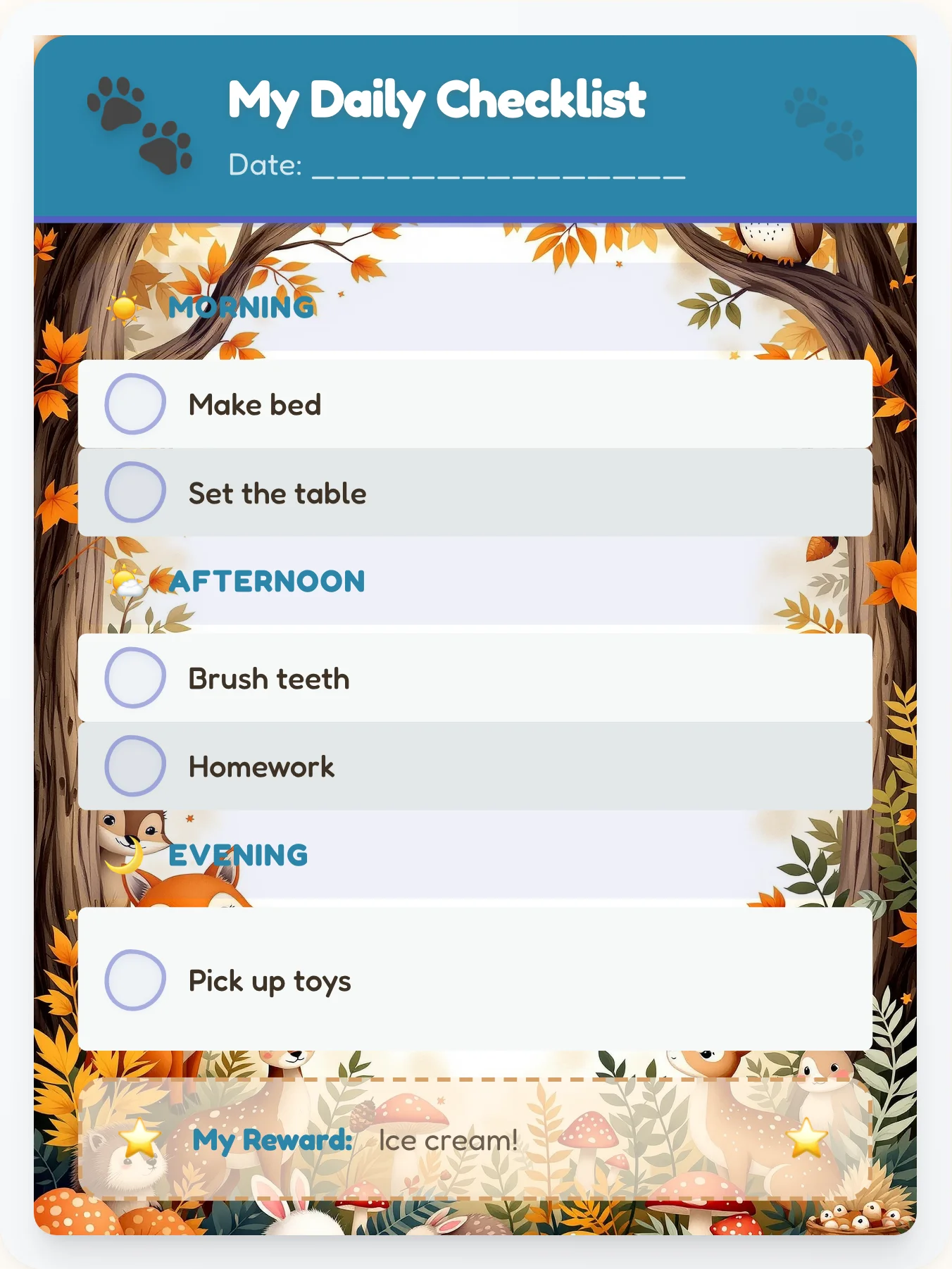 Inspiring Animals Daily Planner - printable animals chore chart
