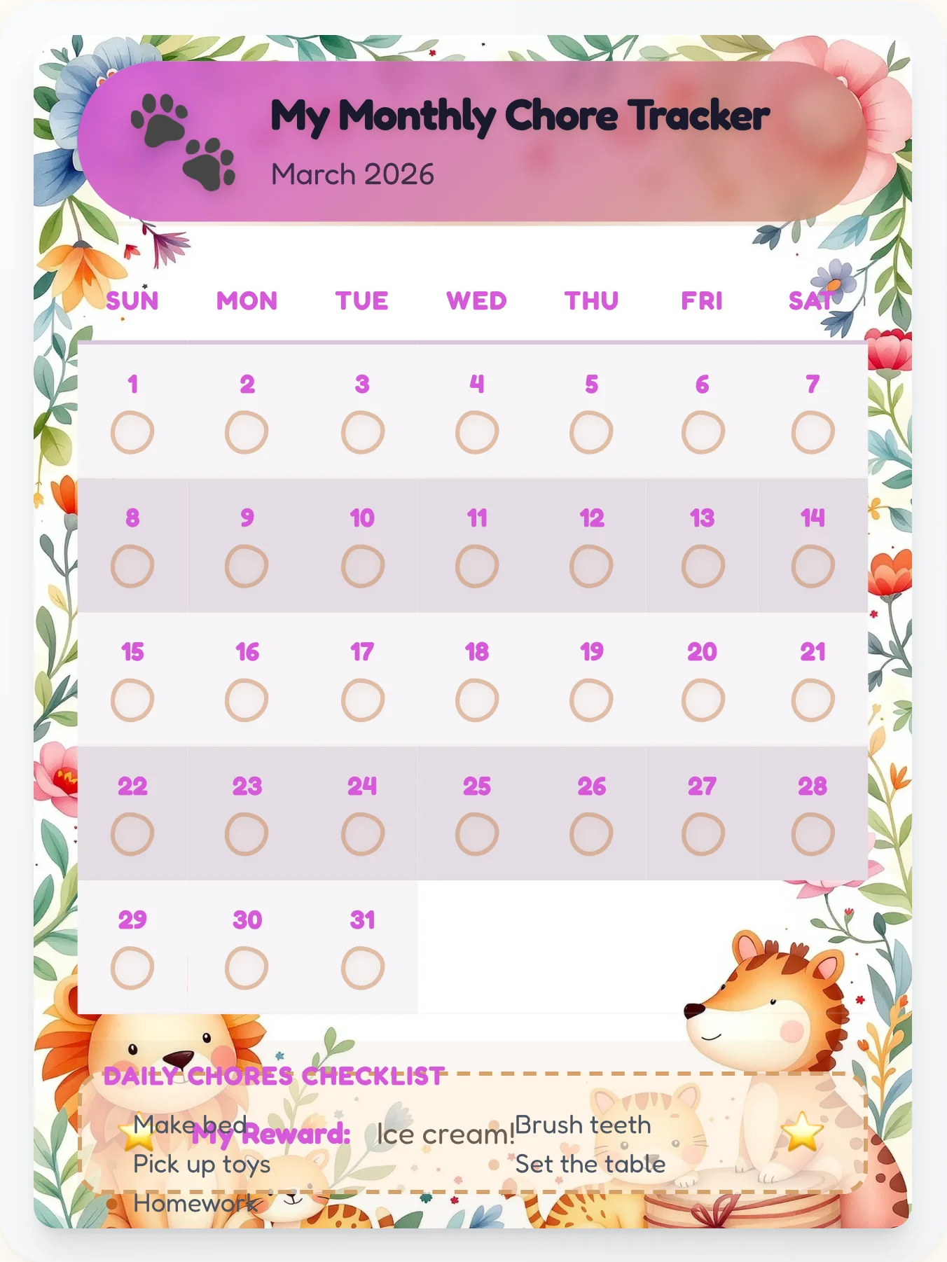 Whimsical Animals Month View - printable animals chore chart