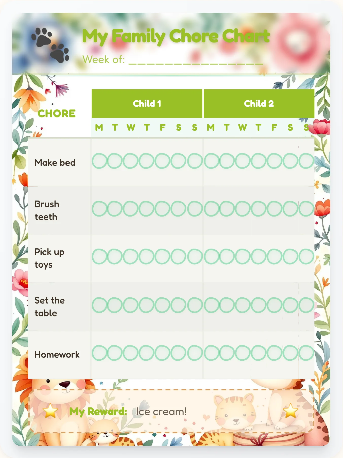 Noble Animals Team Chart - printable animals chore chart