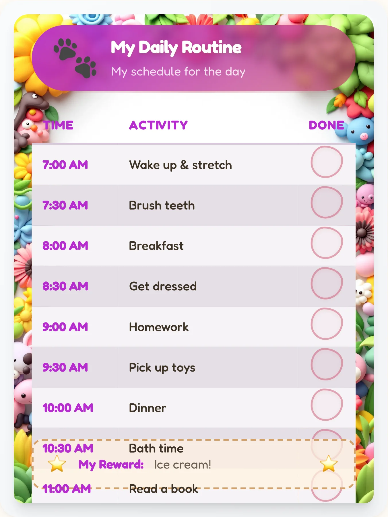 Vibrant Animals Time Planner - printable animals chore chart