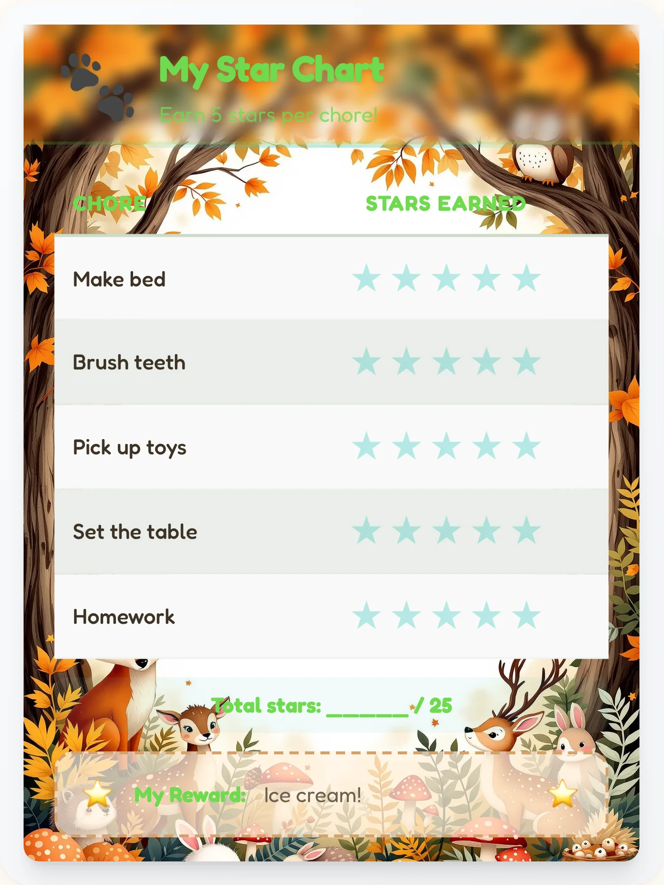 Sunny Animals Gold Stars - printable animals chore chart